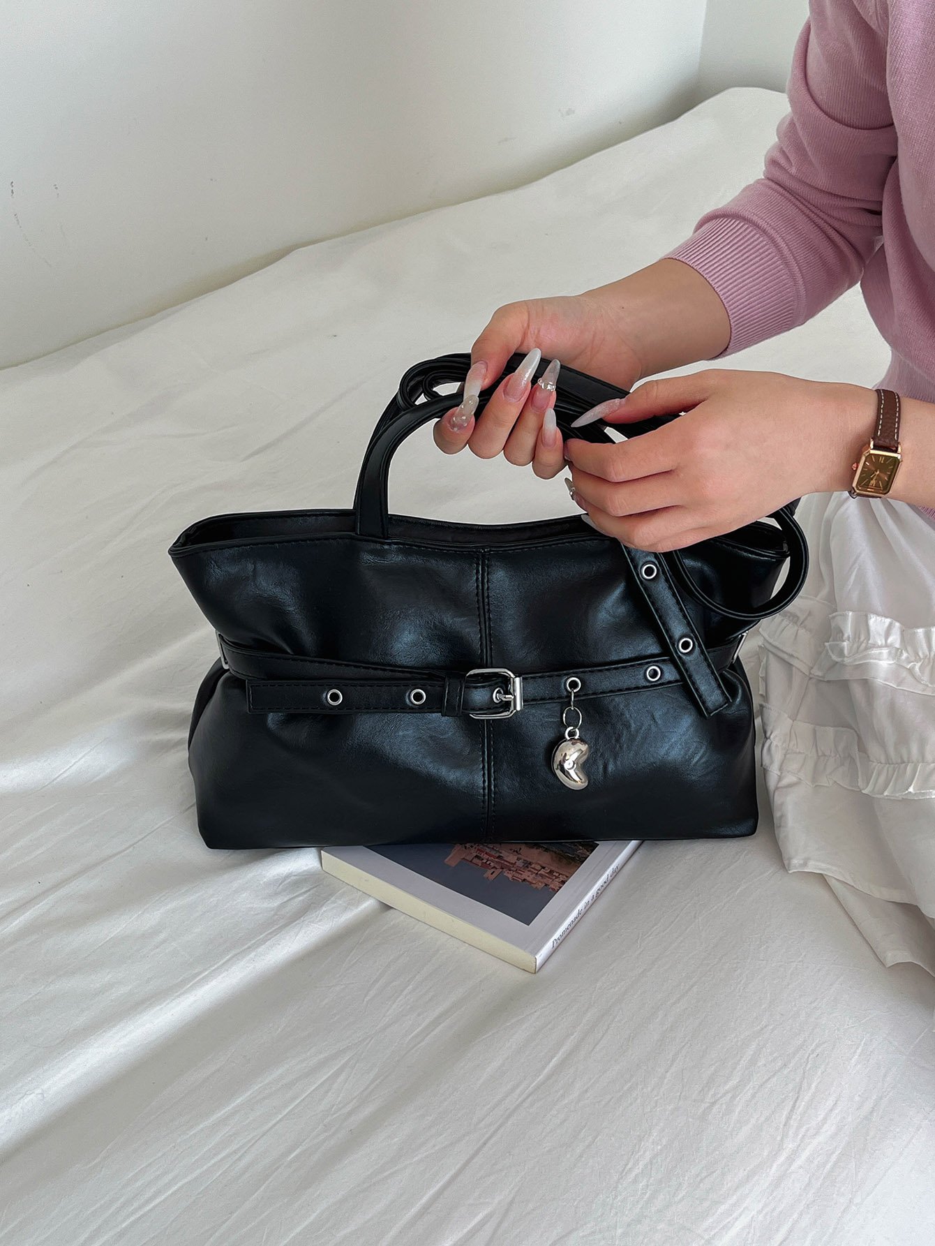 Black Shoulder Bag with Buckle Detail