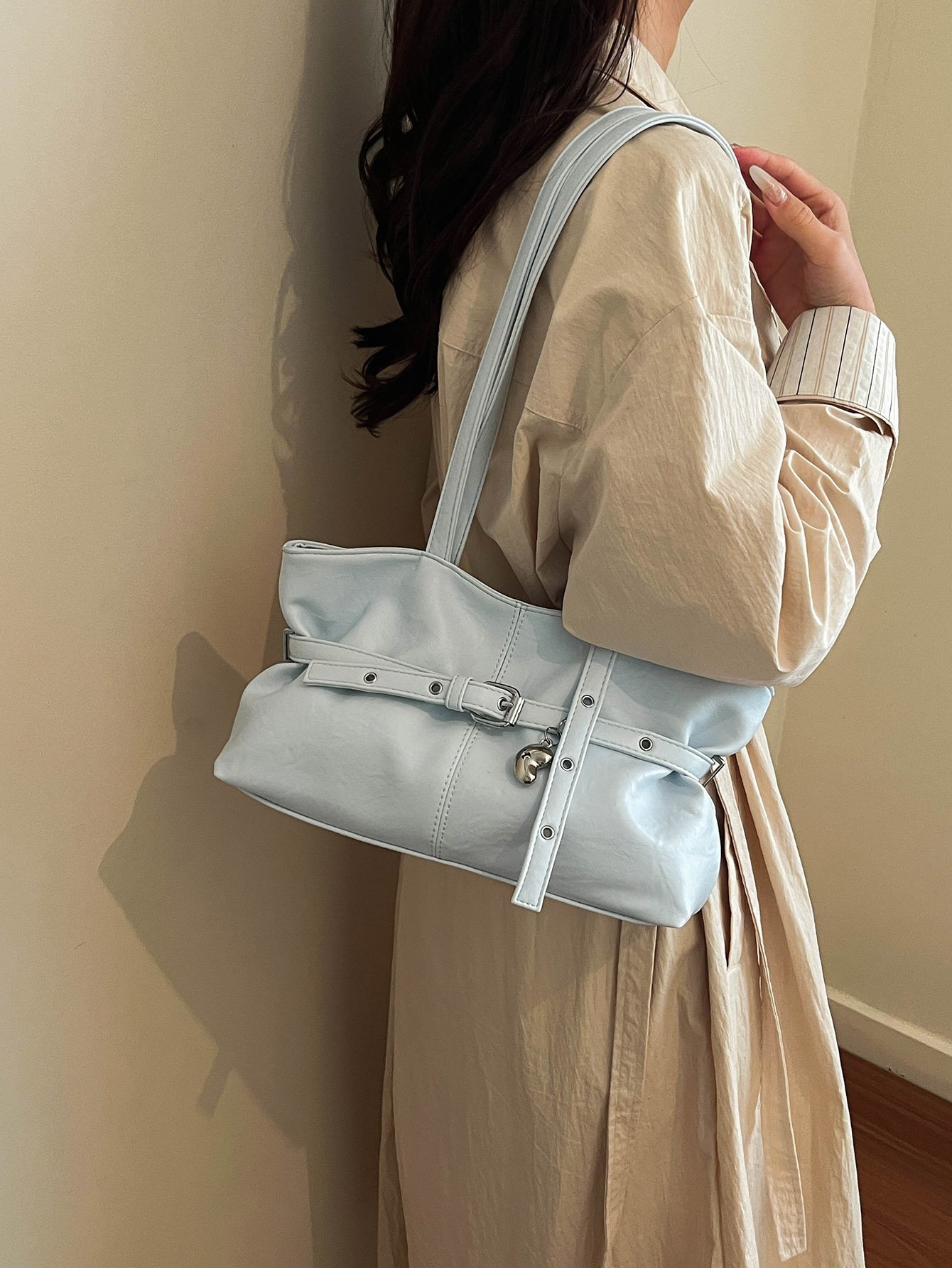 Blue Shoulder Bag with Unique Pendant Detail