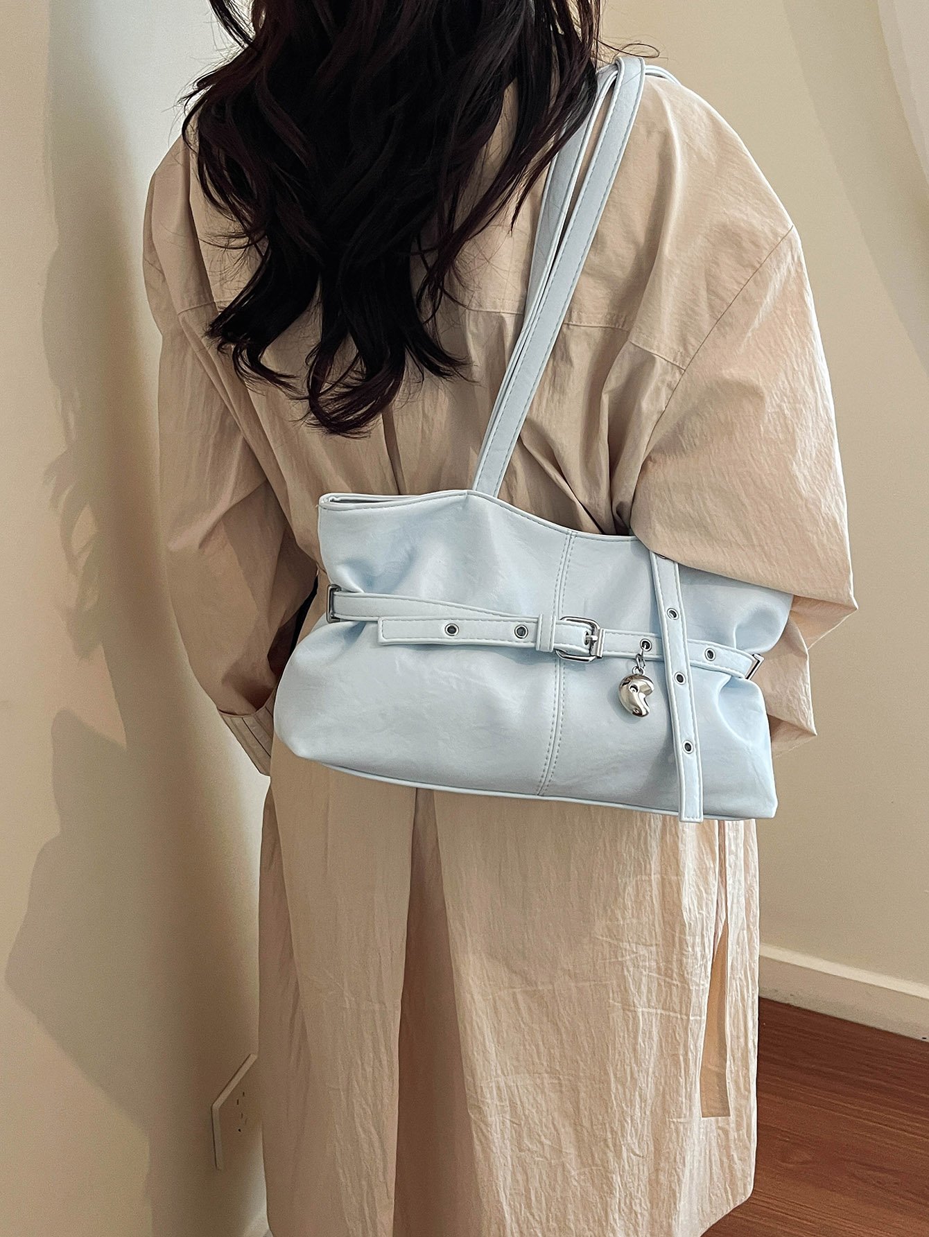 Blue Shoulder Bag with Unique Pendant Detail