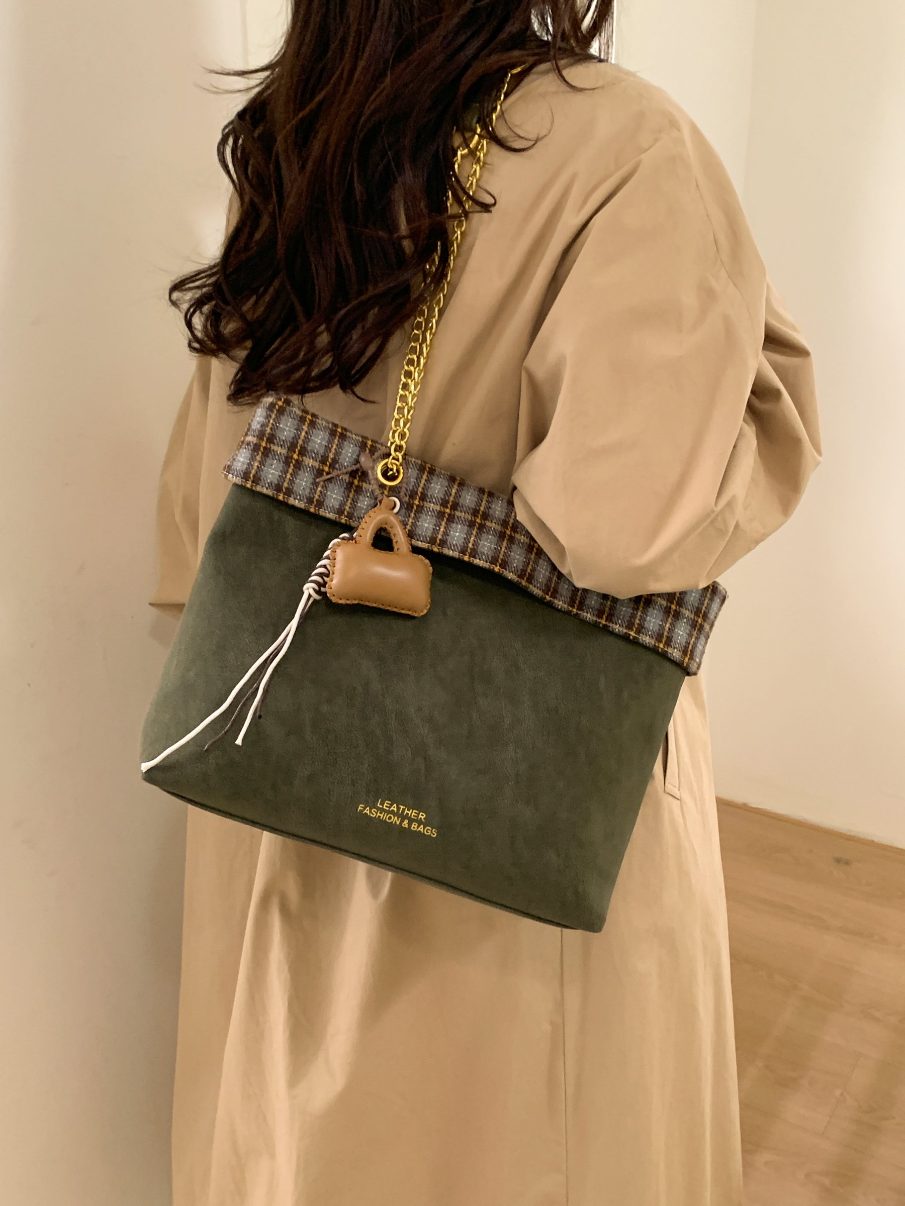 Green Shoulder Bag with Plaid Trim and Charm
