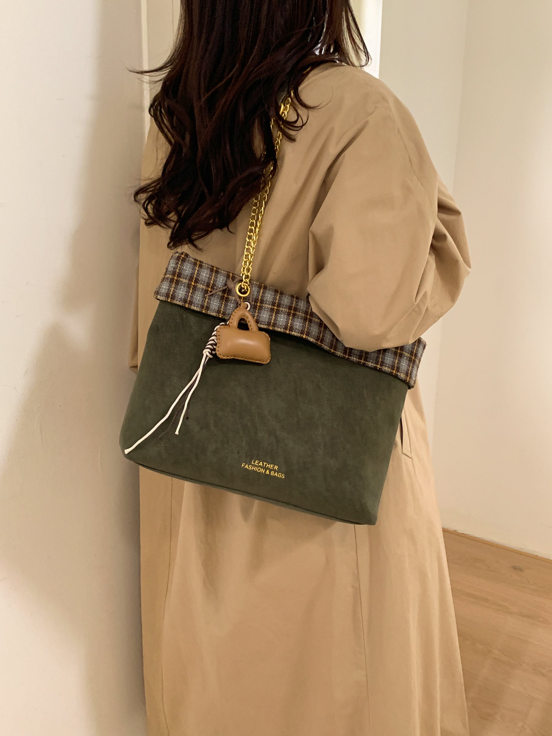 Green Shoulder Bag with Plaid Trim and Charm