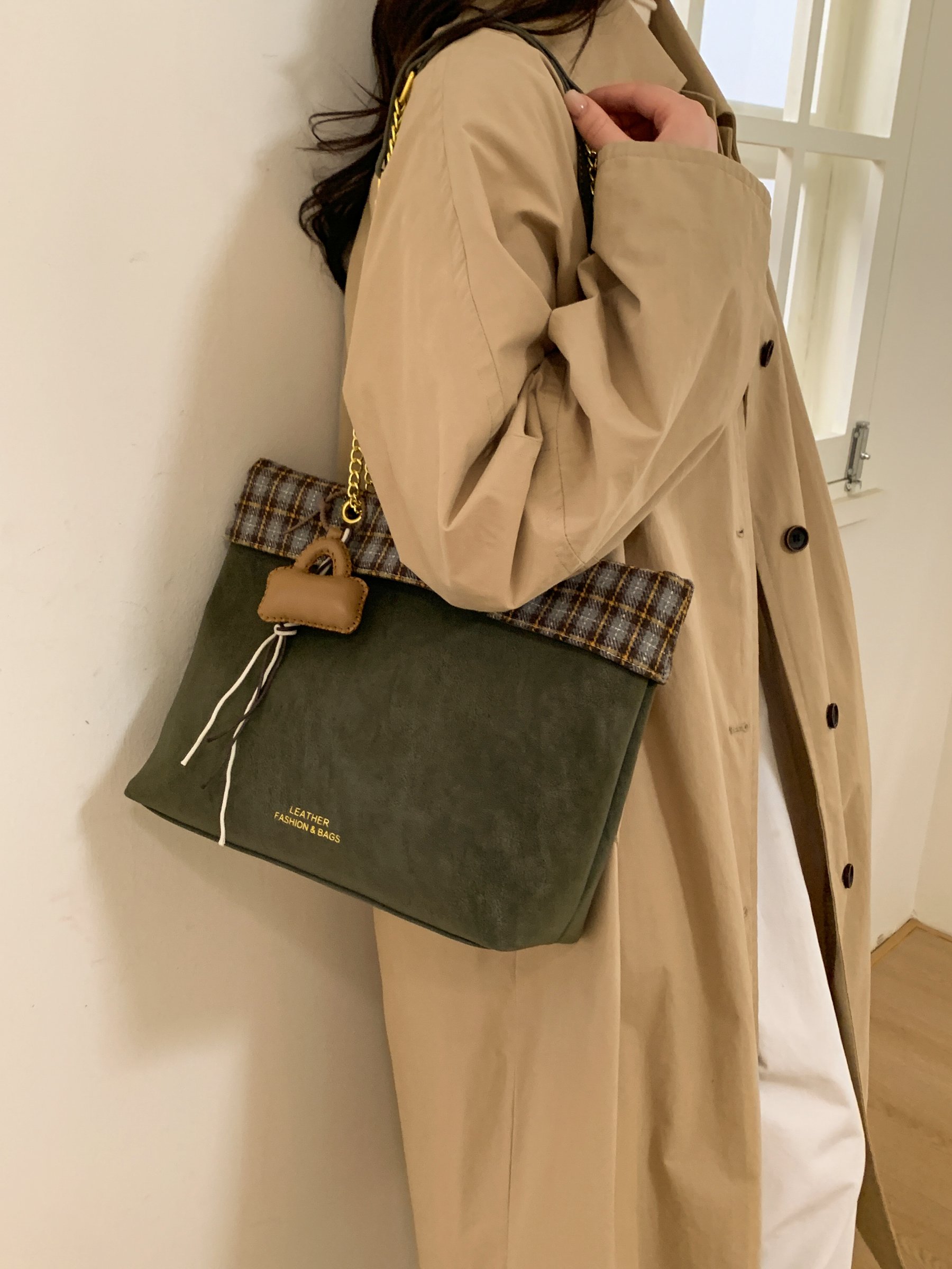 Green Shoulder Bag with Plaid Trim and Charm