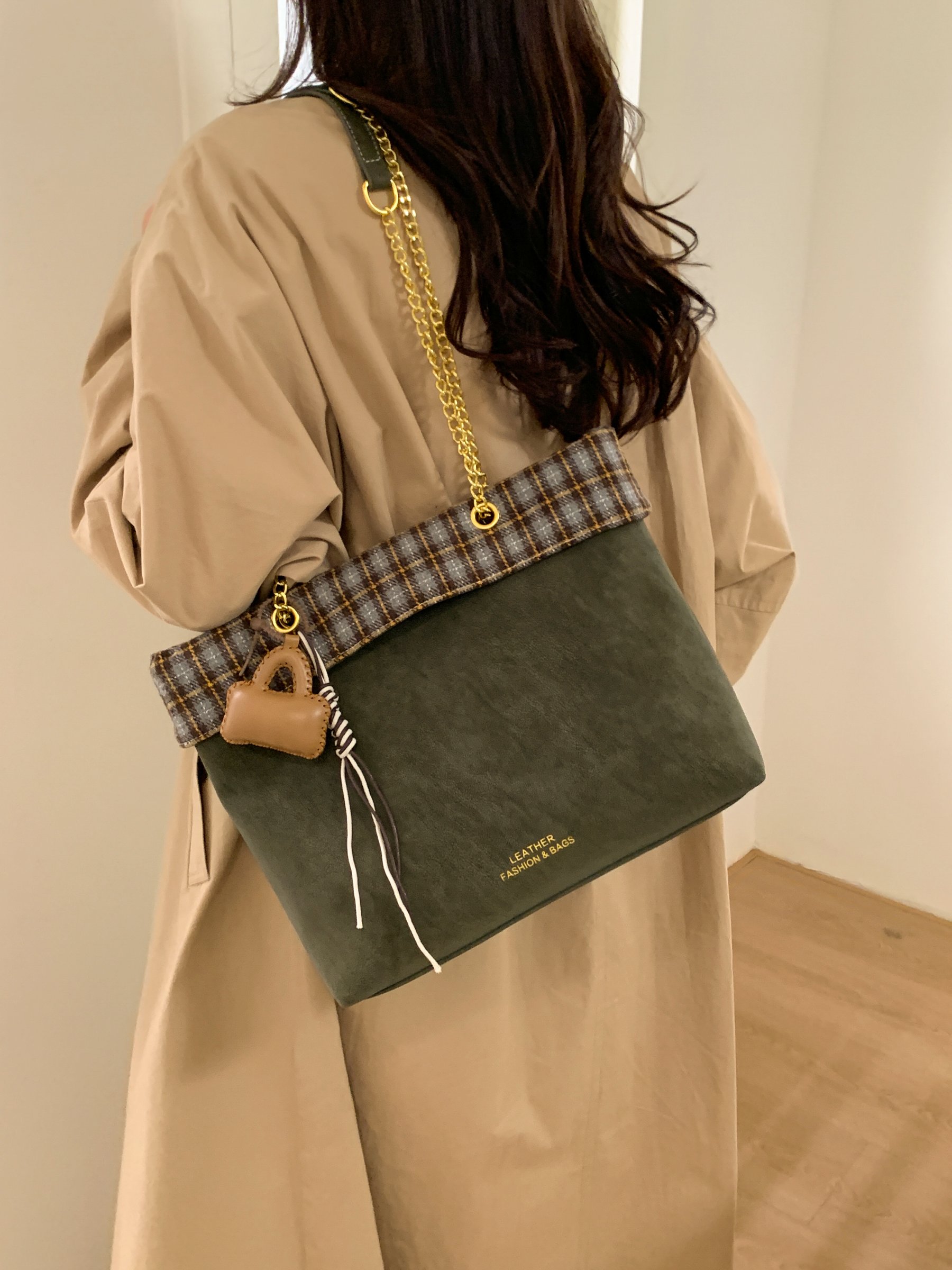 Green Shoulder Bag with Plaid Trim and Charm