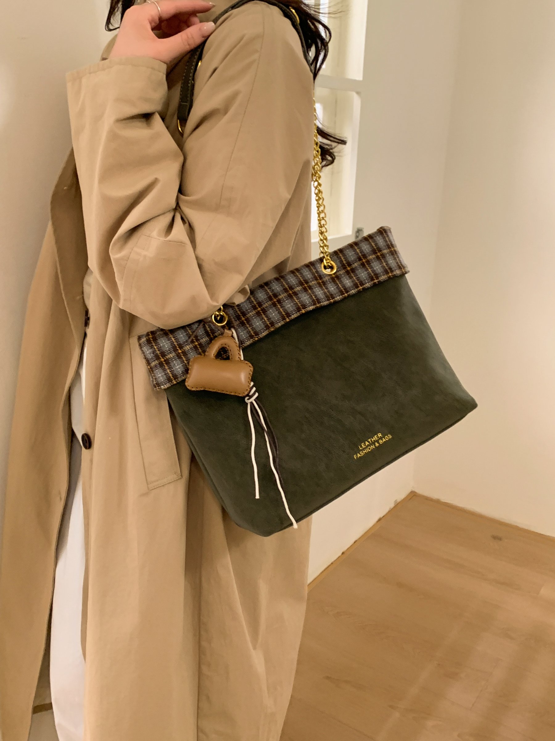 Green Shoulder Bag with Plaid Trim and Charm