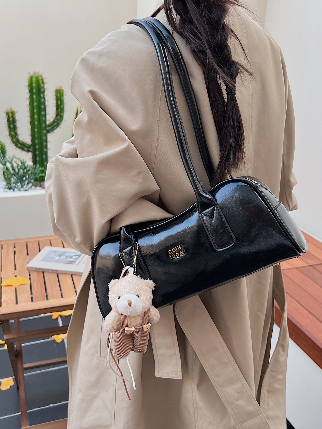 Black Patent Shoulder Bag with Charm