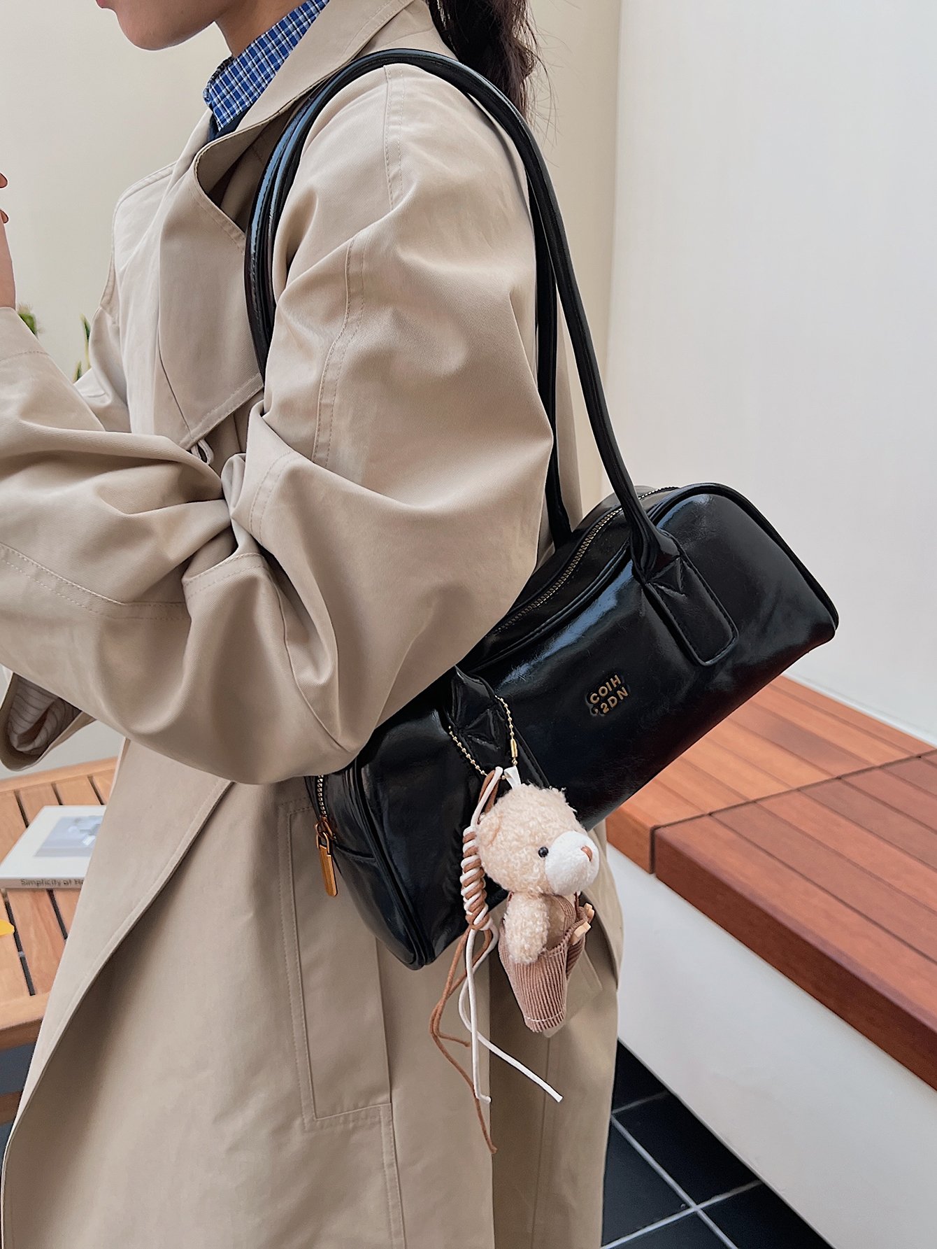 Black Patent Shoulder Bag with Charm