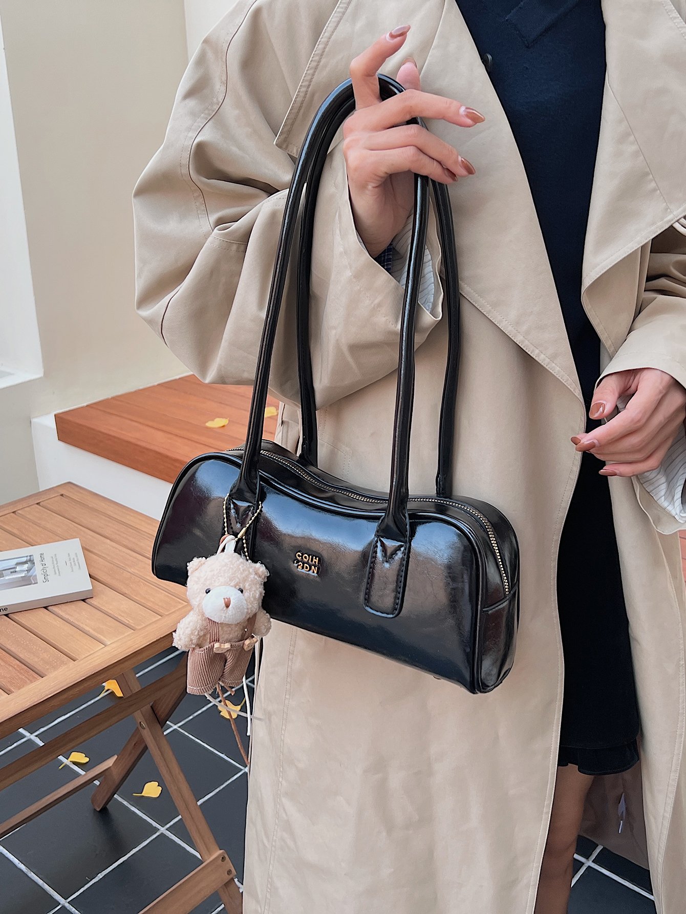 Black Patent Shoulder Bag with Charm