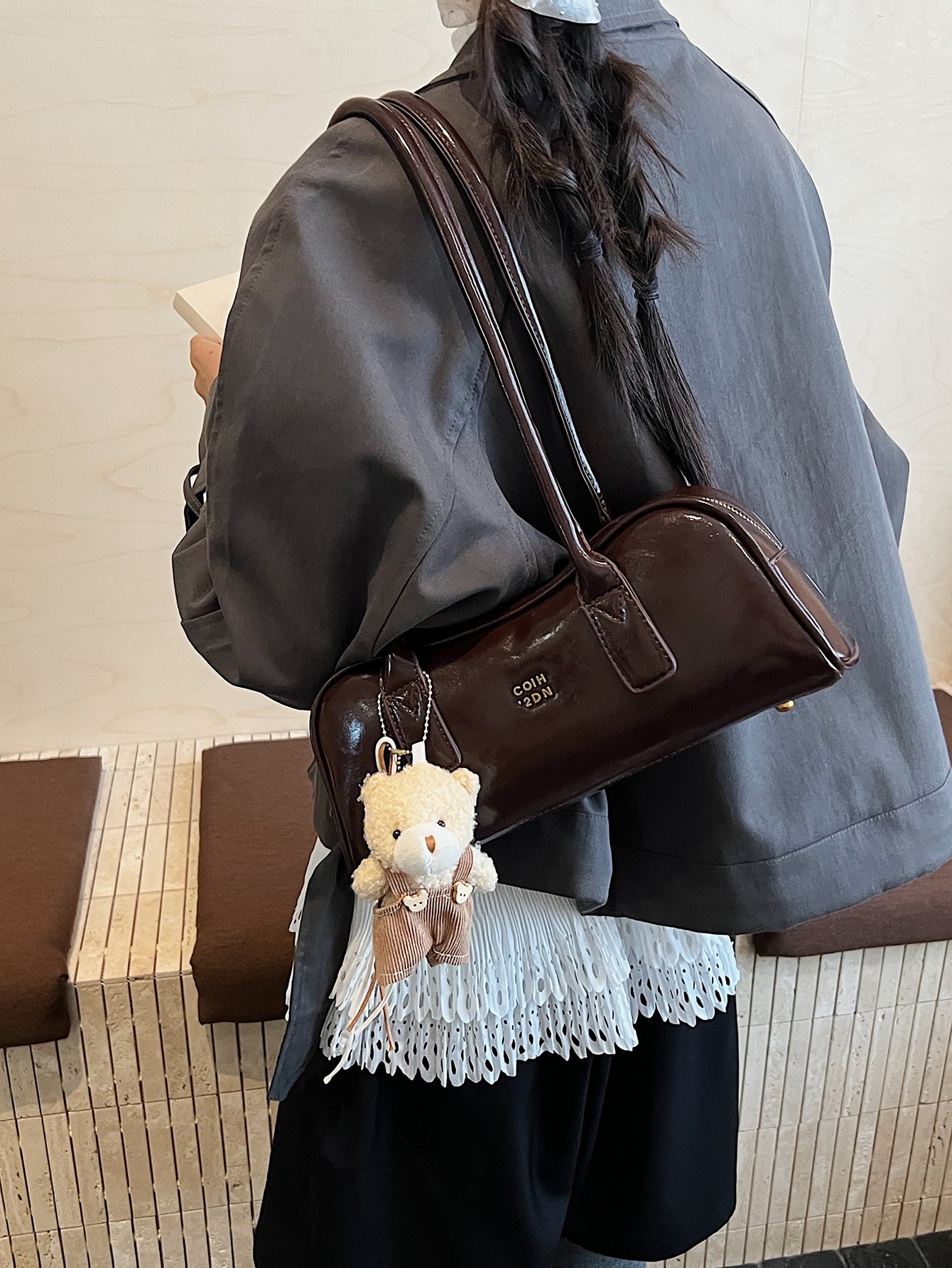 Coffee Brown Shoulder Bag with Plush Bear Charm