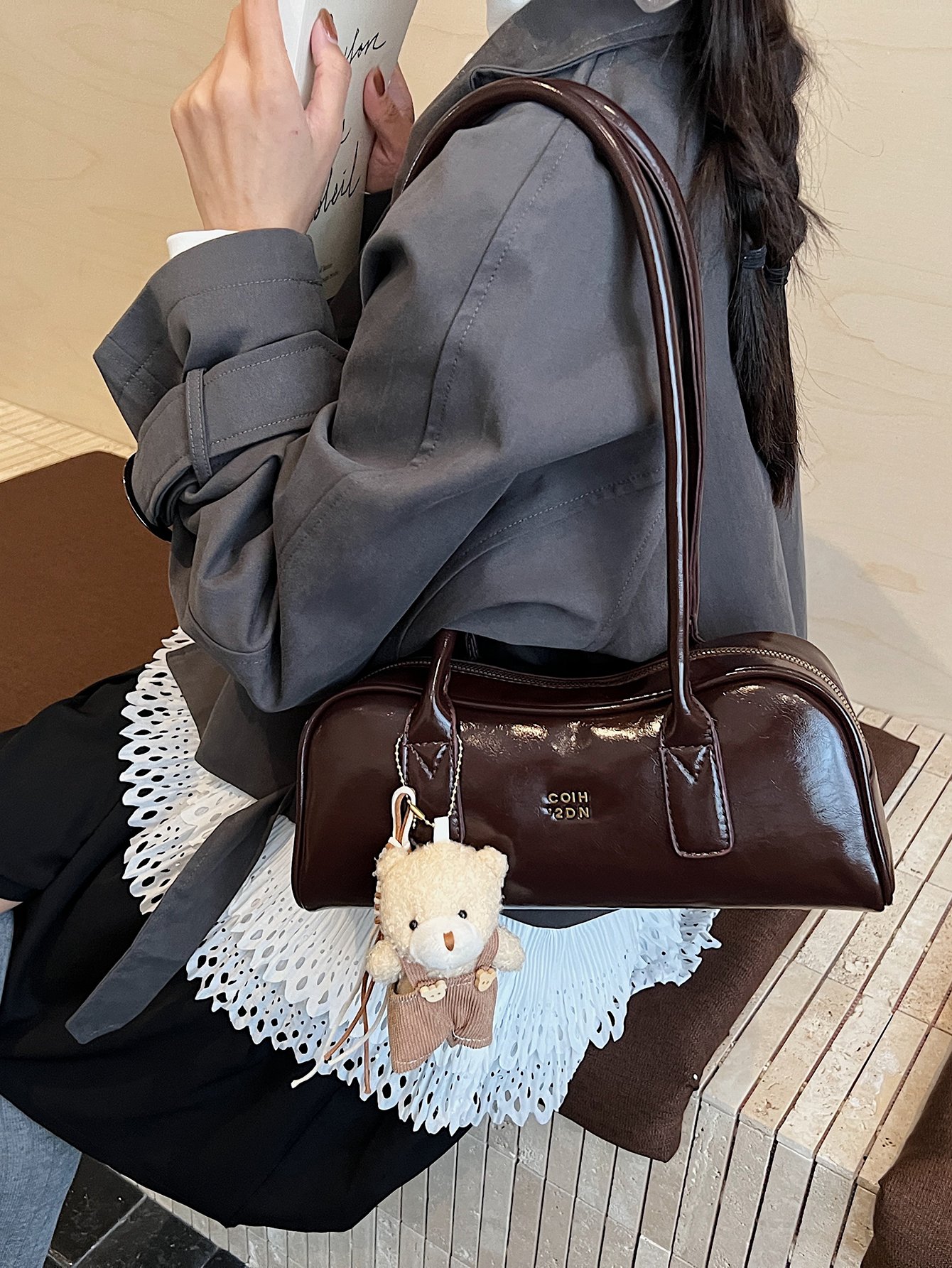 Coffee Brown Shoulder Bag with Plush Bear Charm