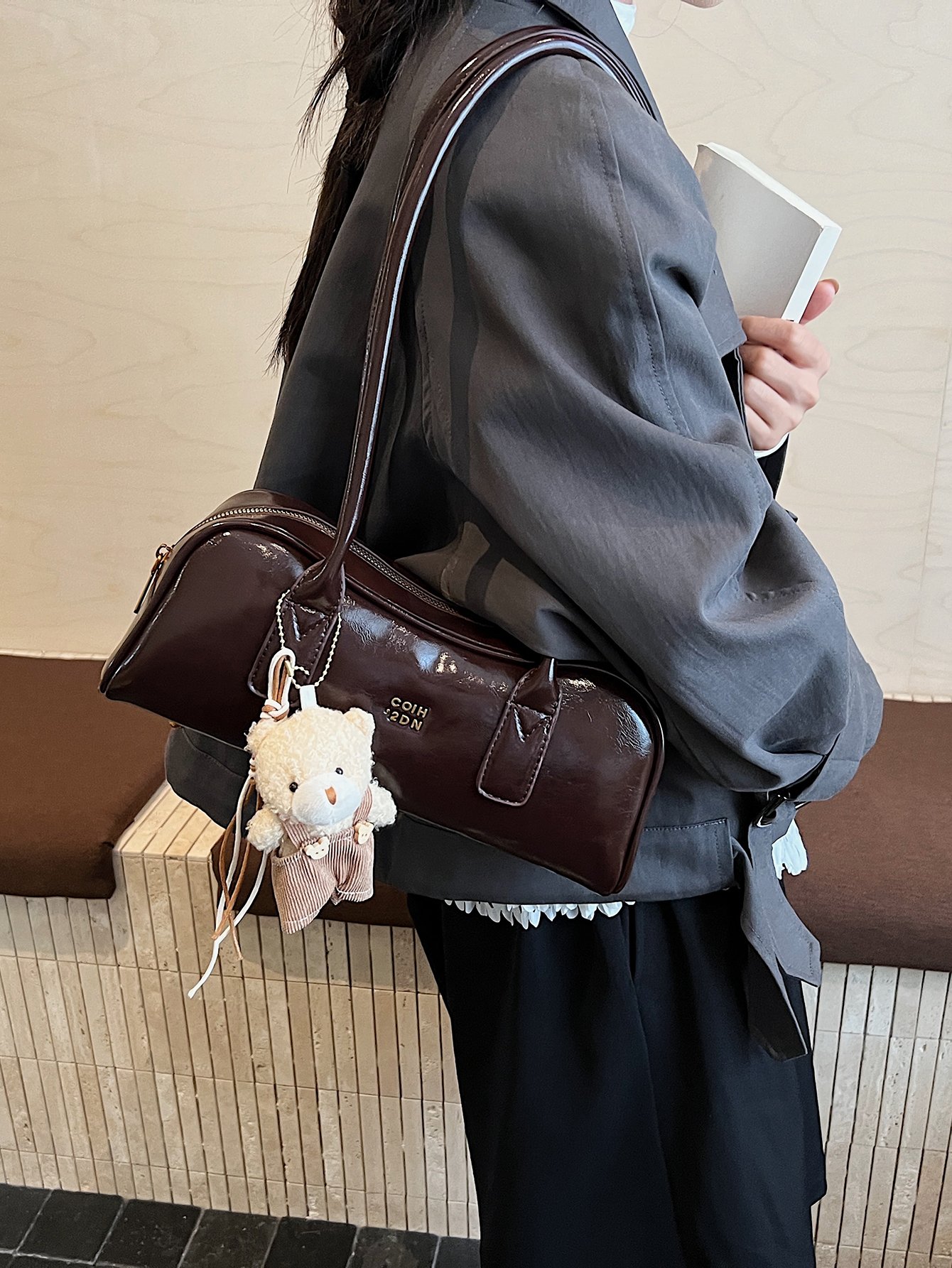 Coffee Brown Shoulder Bag with Plush Bear Charm