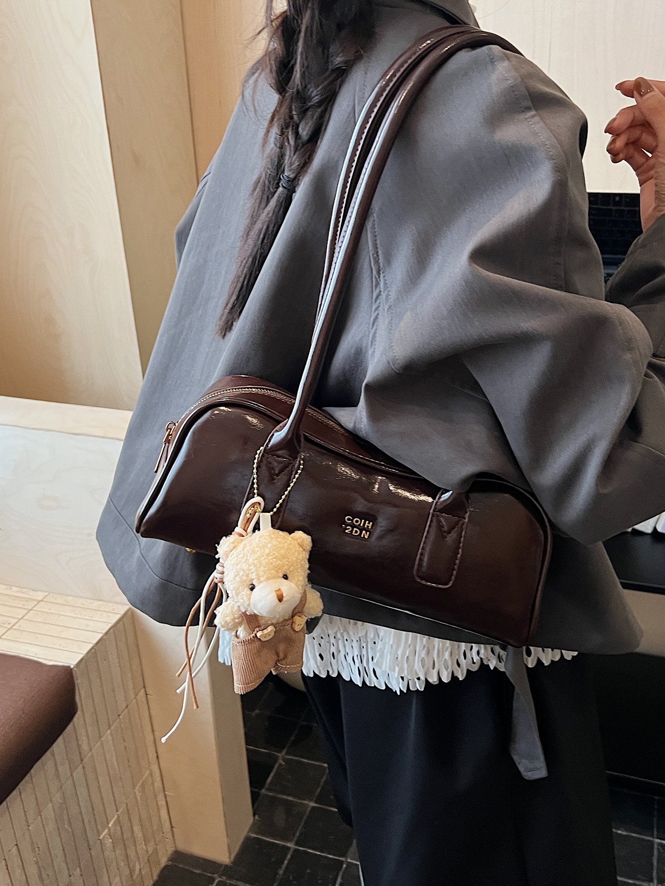 Coffee Brown Shoulder Bag with Plush Bear Charm