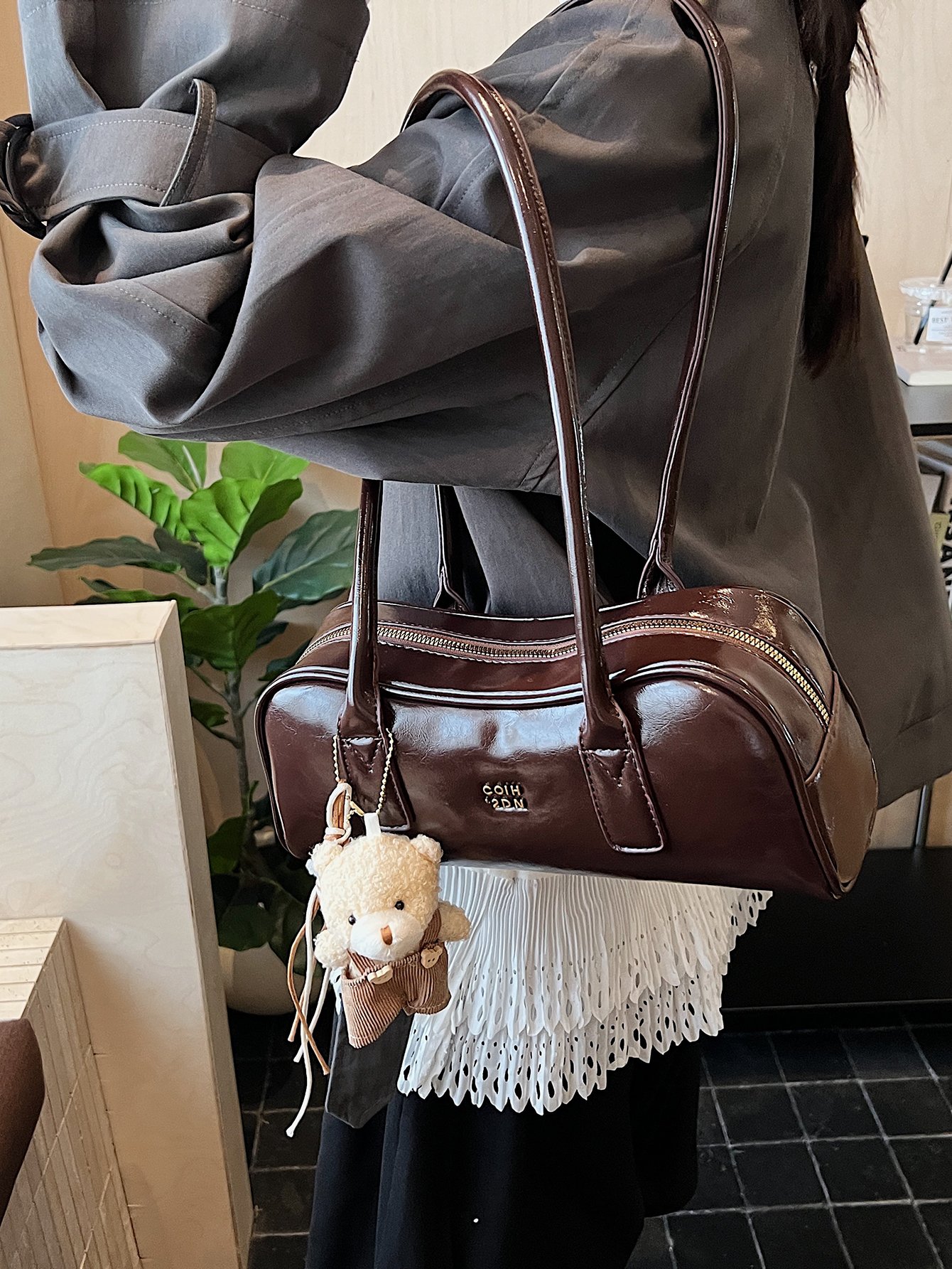Coffee Brown Shoulder Bag with Plush Bear Charm