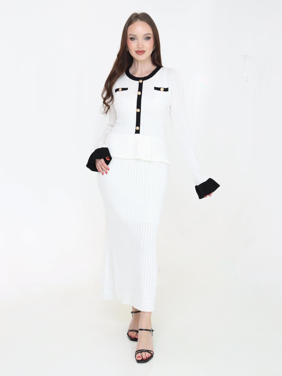 White Ribbed Knit Maxi Dress with Gold Buttons and Trims