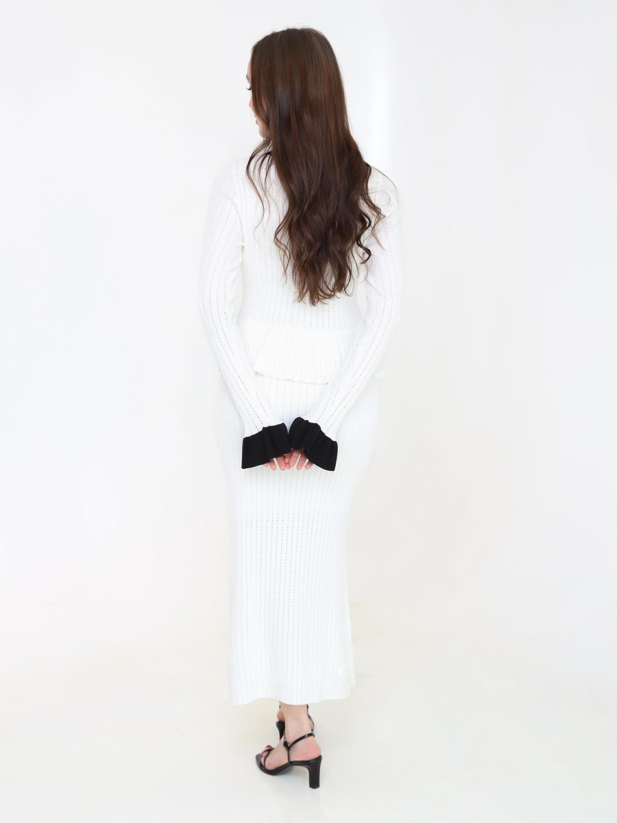 White Ribbed Knit Maxi Dress with Gold Buttons and Trims
