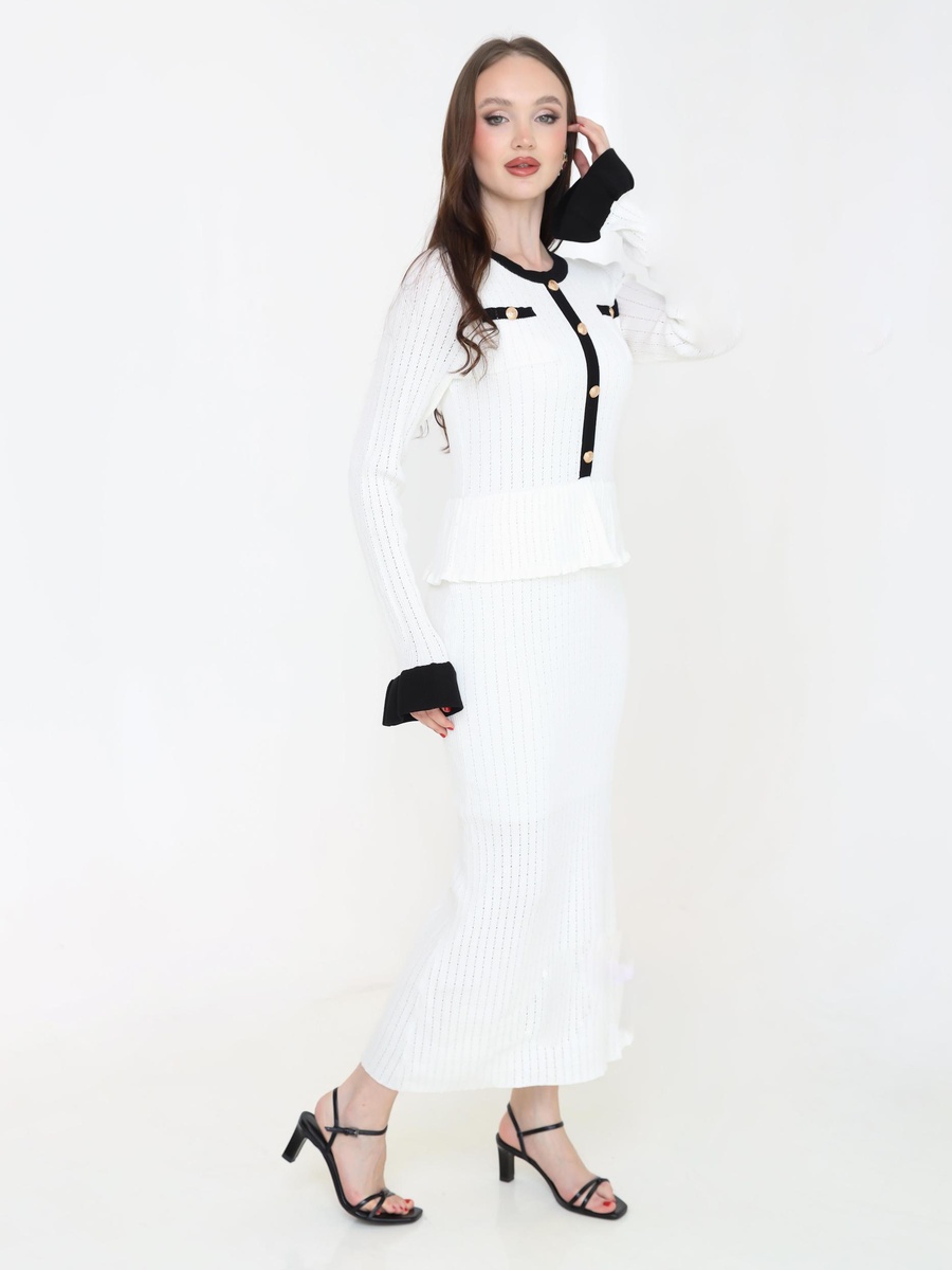 White Ribbed Knit Maxi Dress with Gold Buttons and Trims