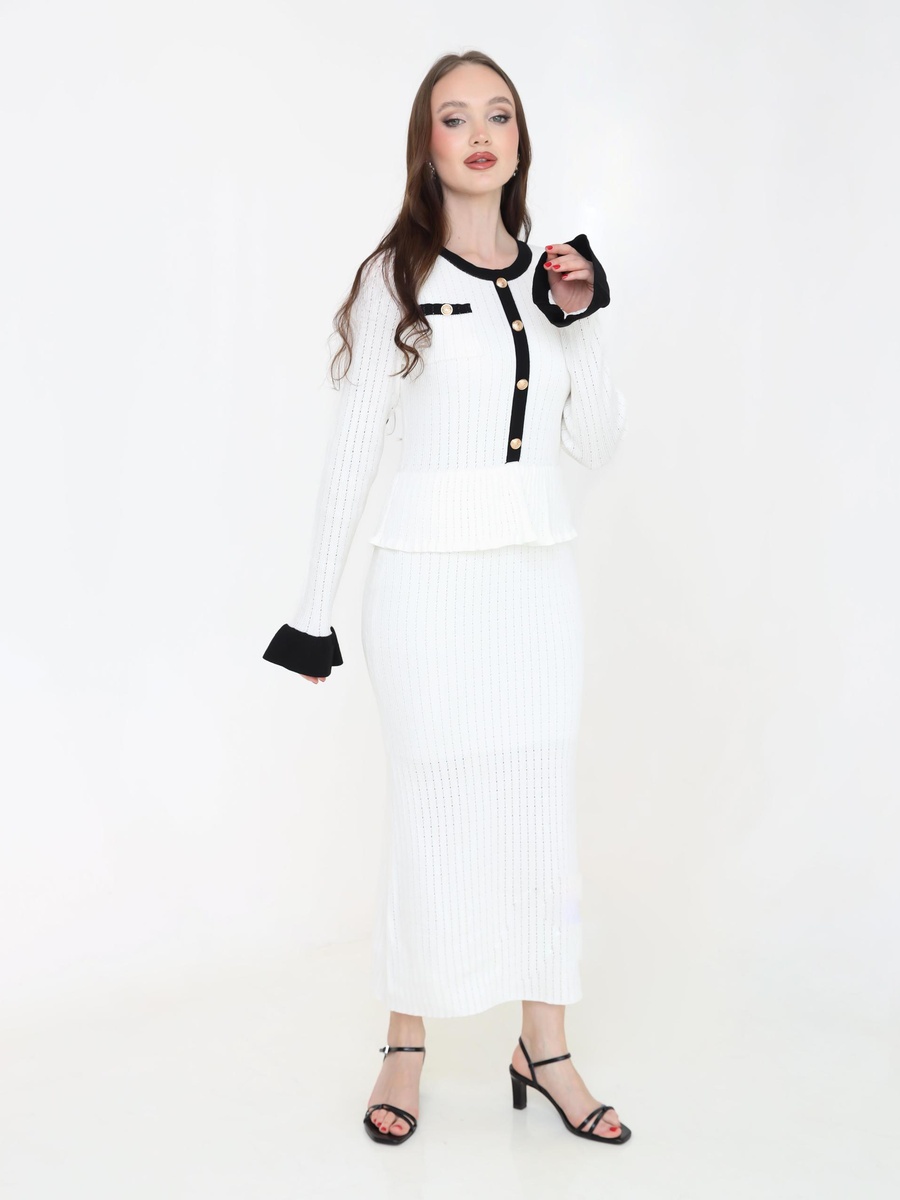 White Ribbed Knit Maxi Dress with Gold Buttons and Trims