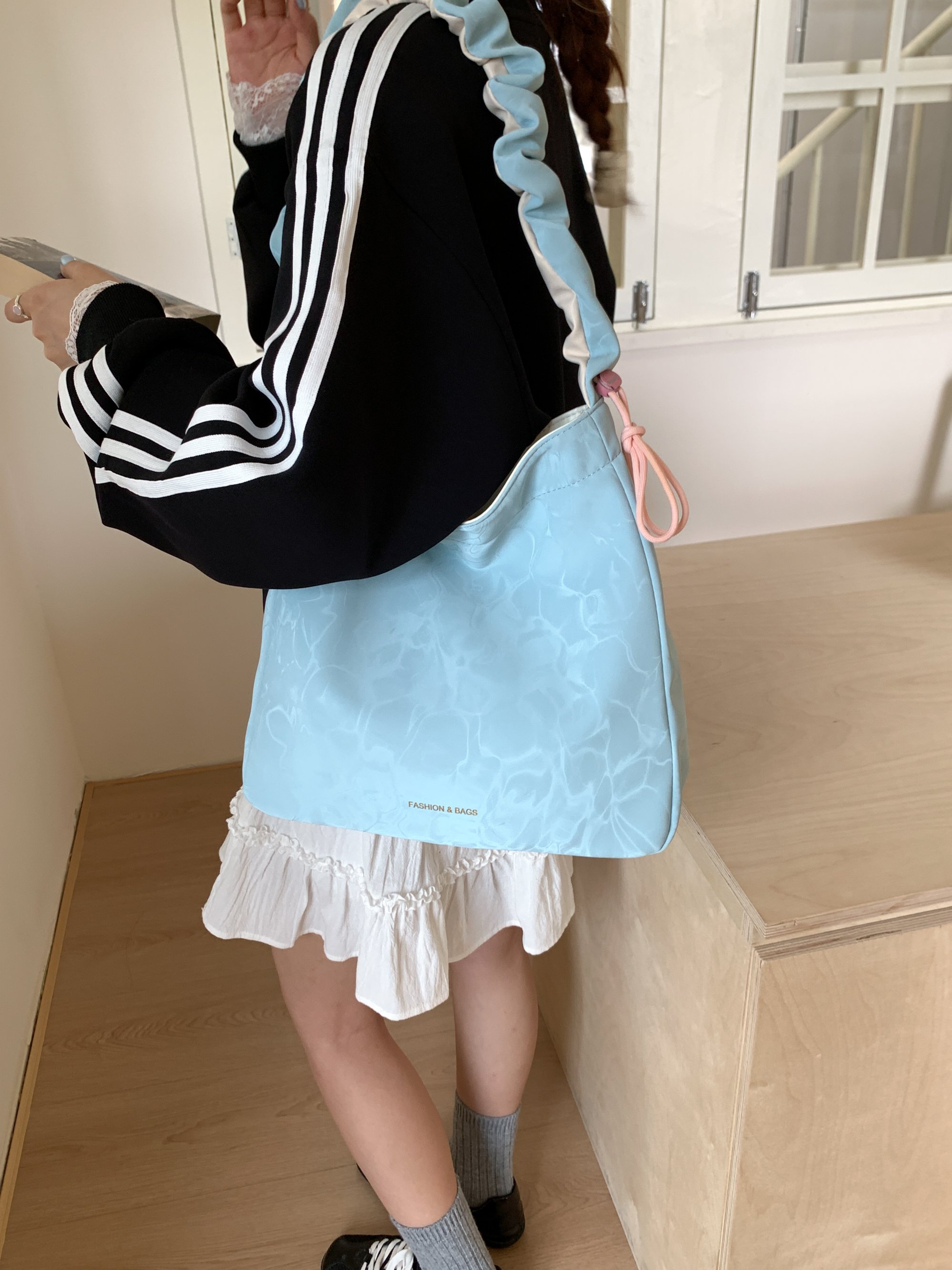 Blue Shoulder Bag with Ruched Strap Accent