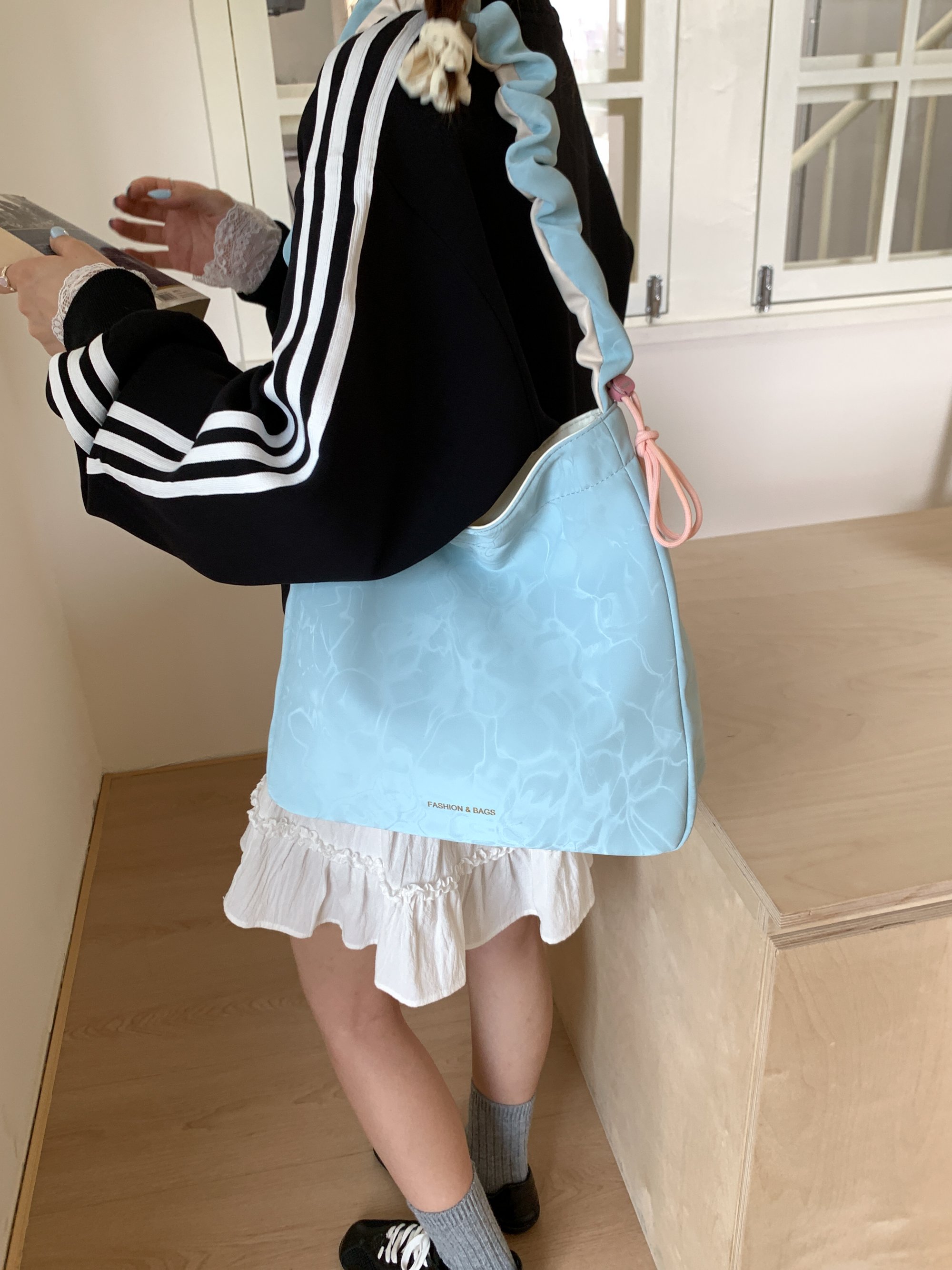 Blue Shoulder Bag with Ruched Strap Accent