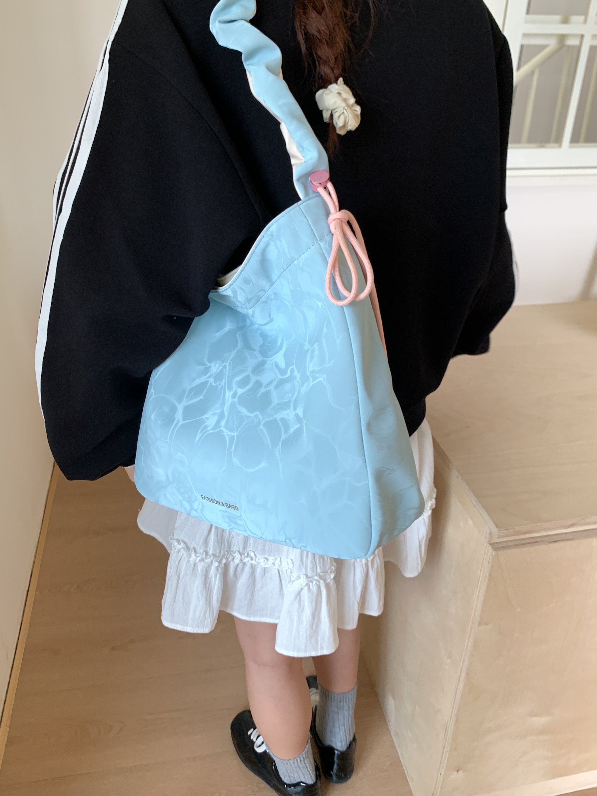 Blue Shoulder Bag with Ruched Strap Accent