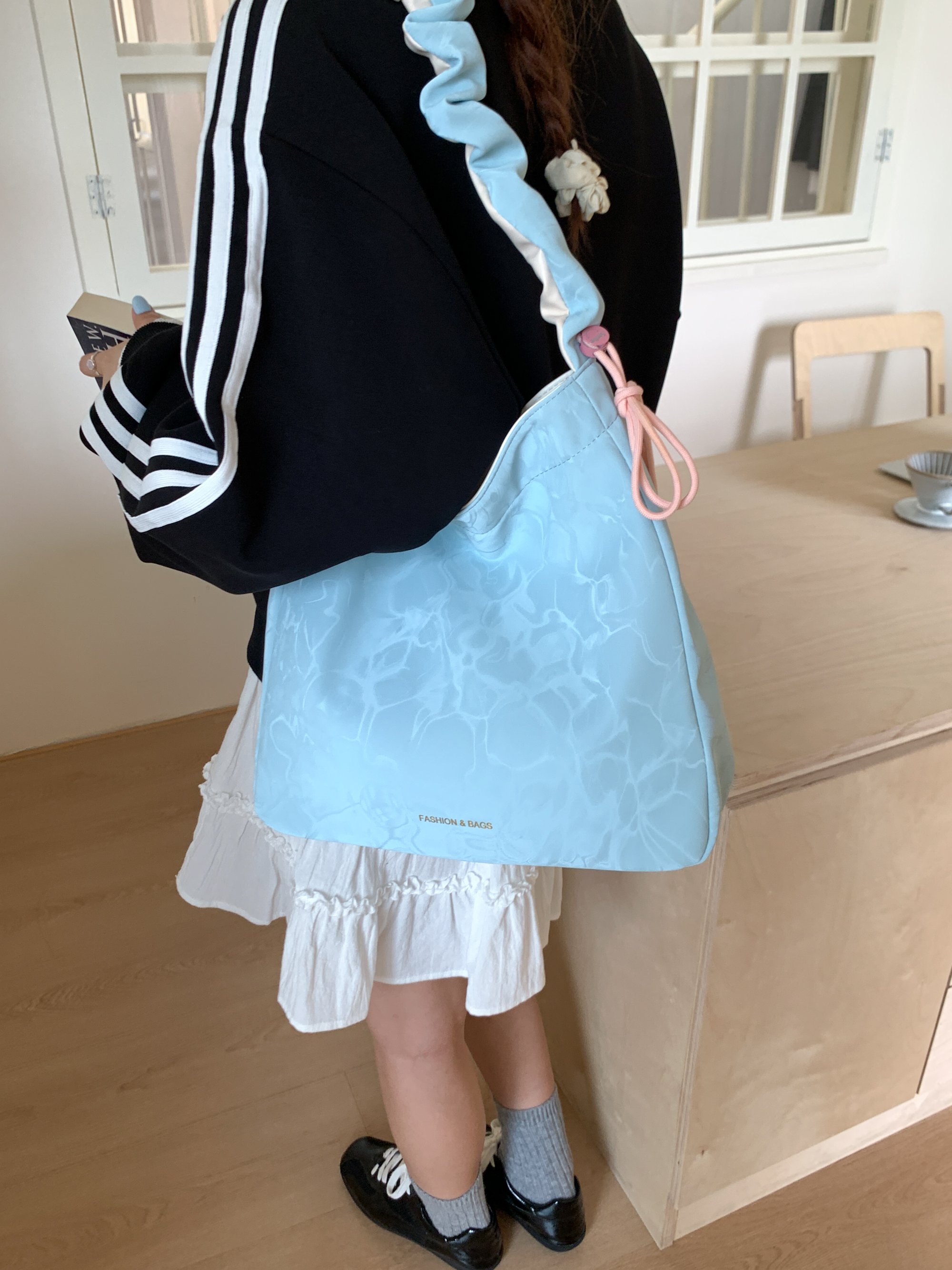 Blue Shoulder Bag with Ruched Strap Accent