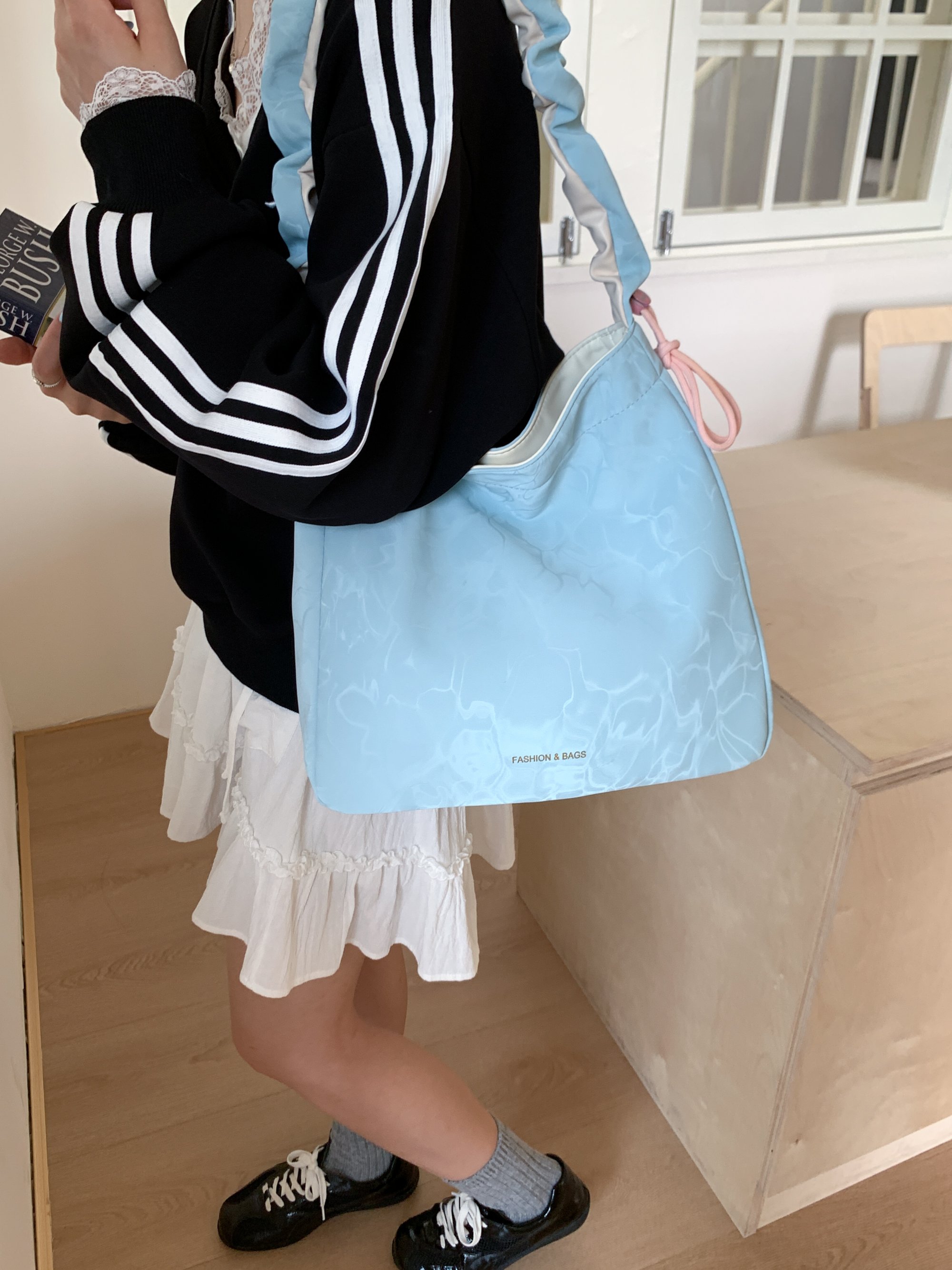 Blue Shoulder Bag with Ruched Strap Accent