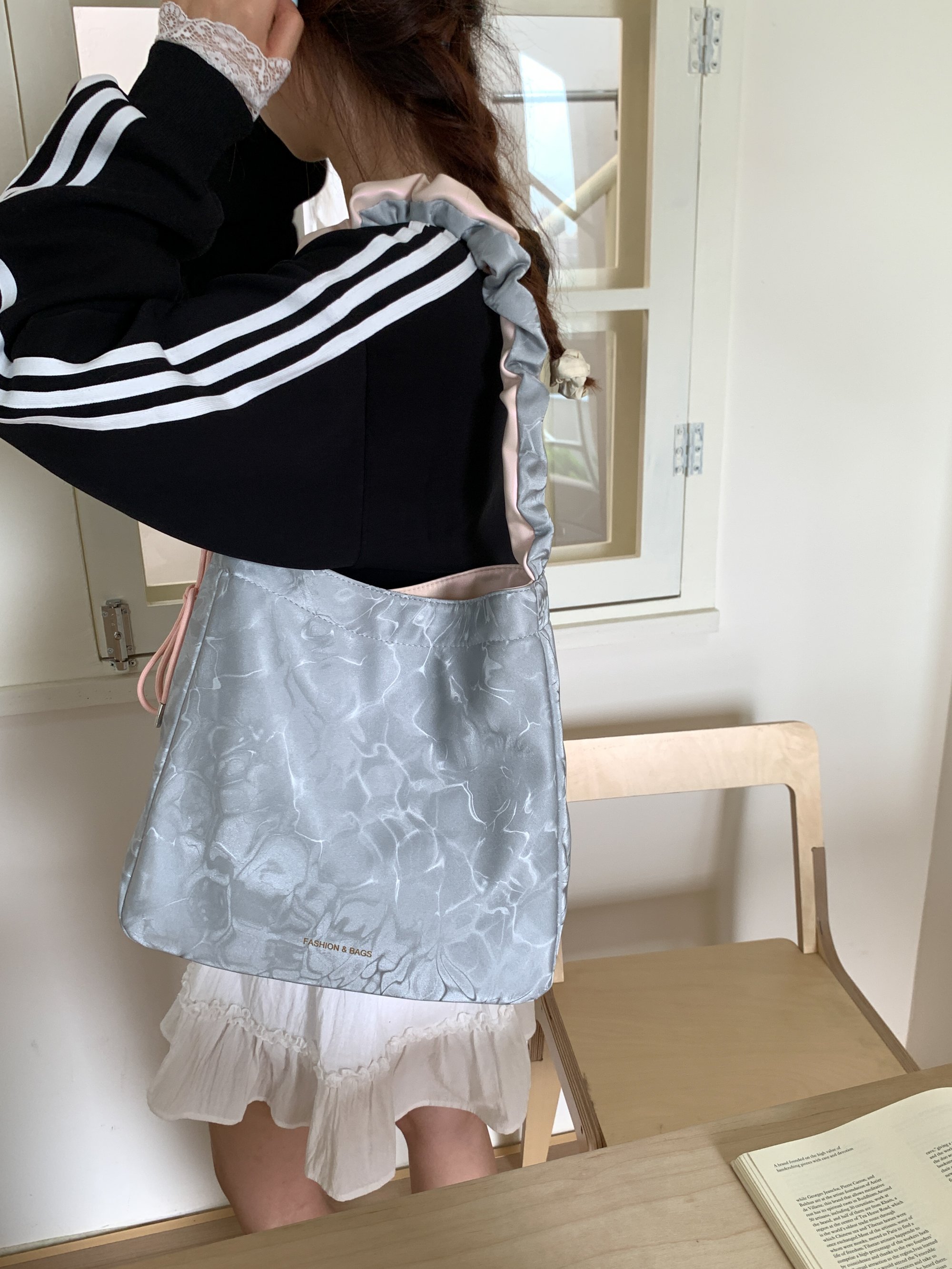 Grey Shoulder Bag with Unique Water Ripple Pattern