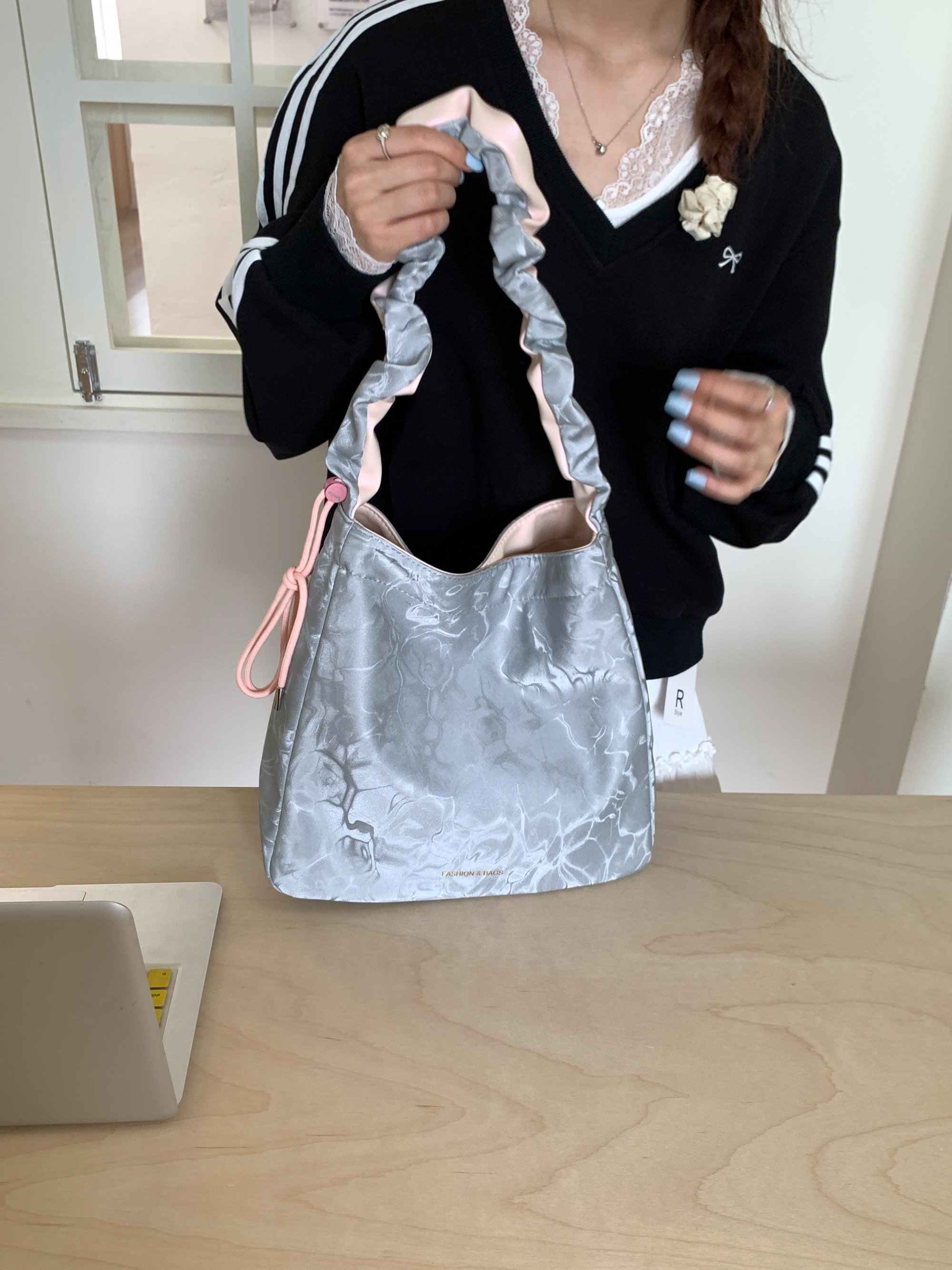 Grey Shoulder Bag with Unique Water Ripple Pattern