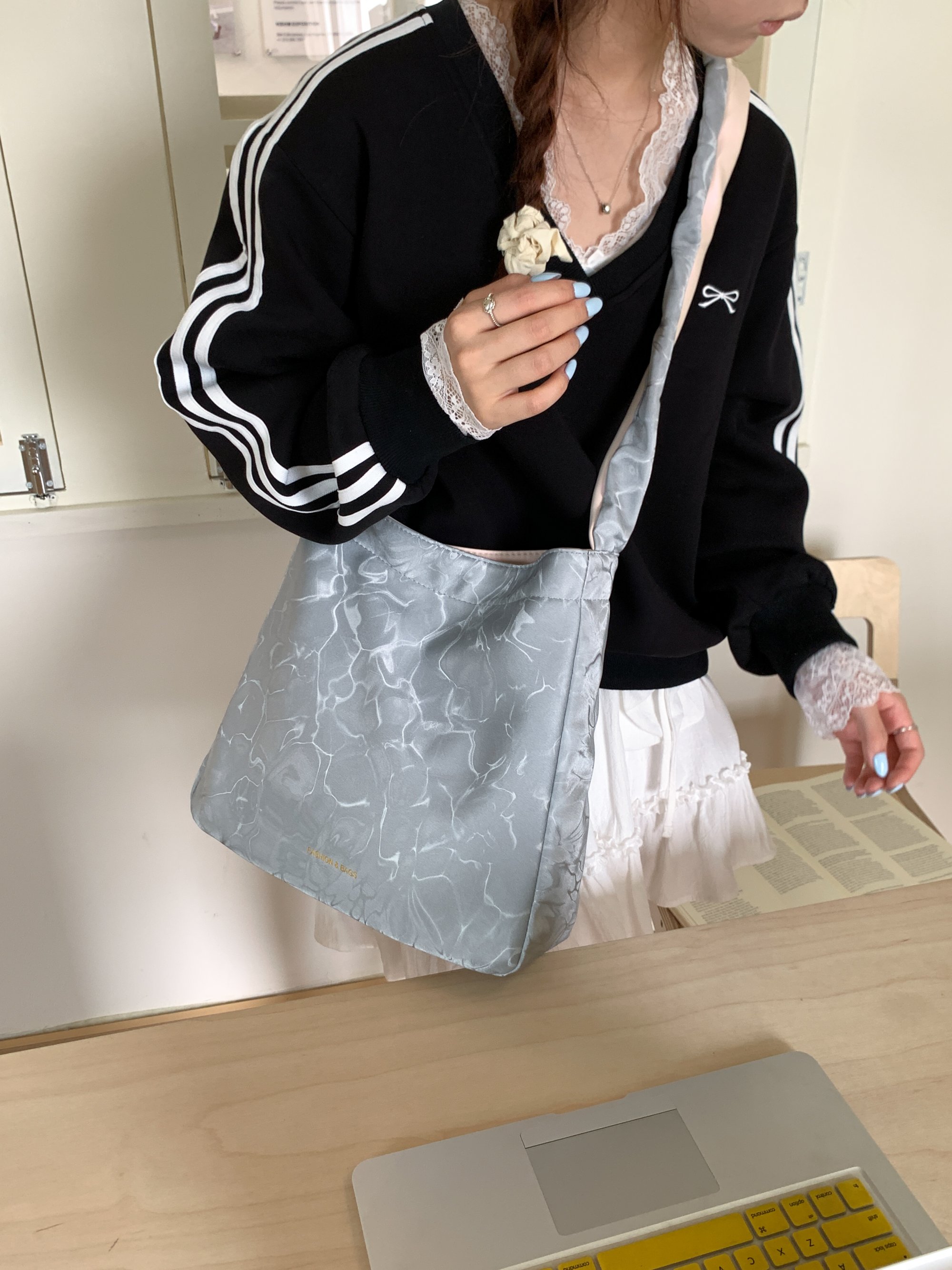 Grey Shoulder Bag with Unique Water Ripple Pattern