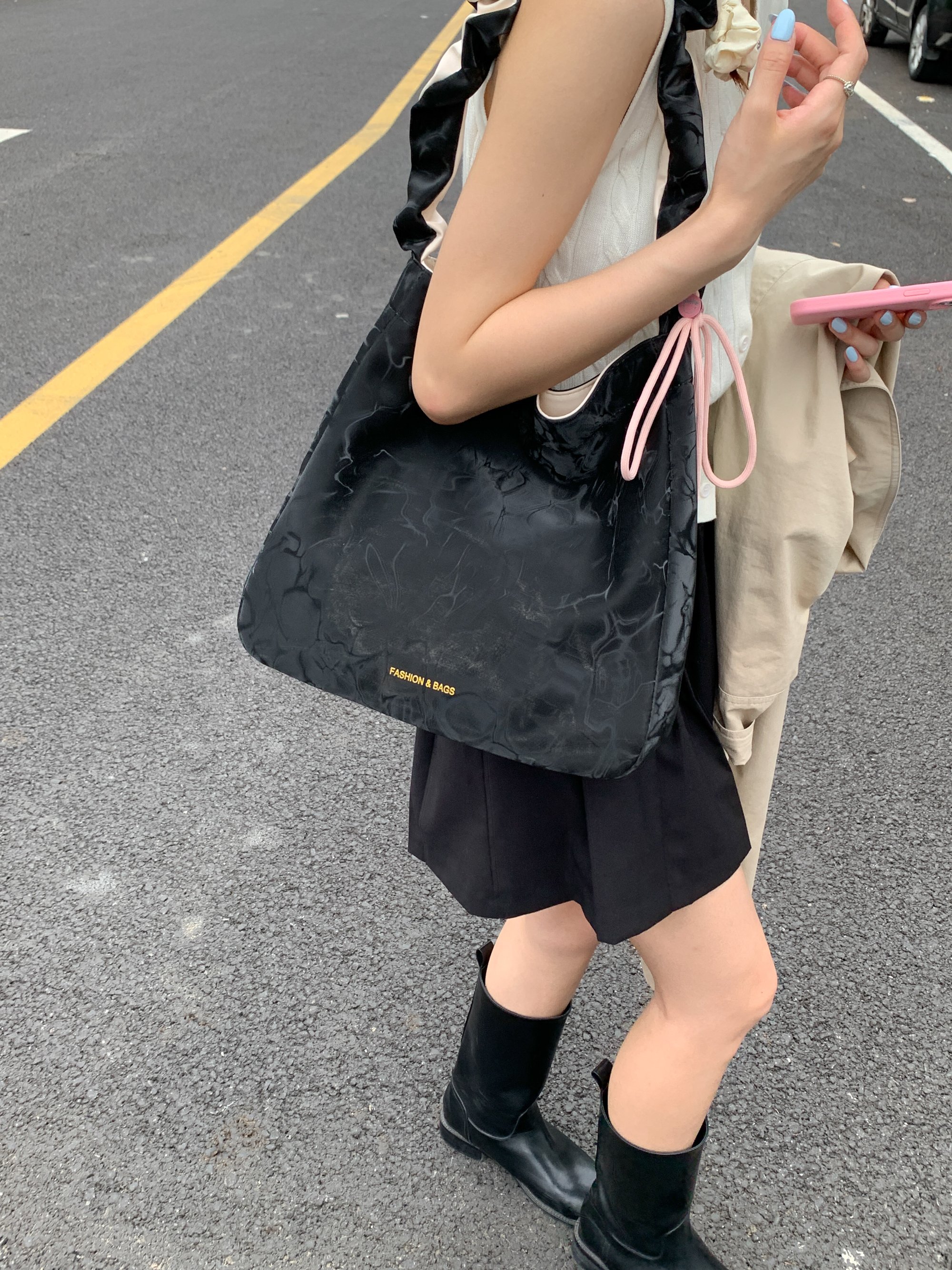 Black Shoulder Bag with Ruched Strap Accent