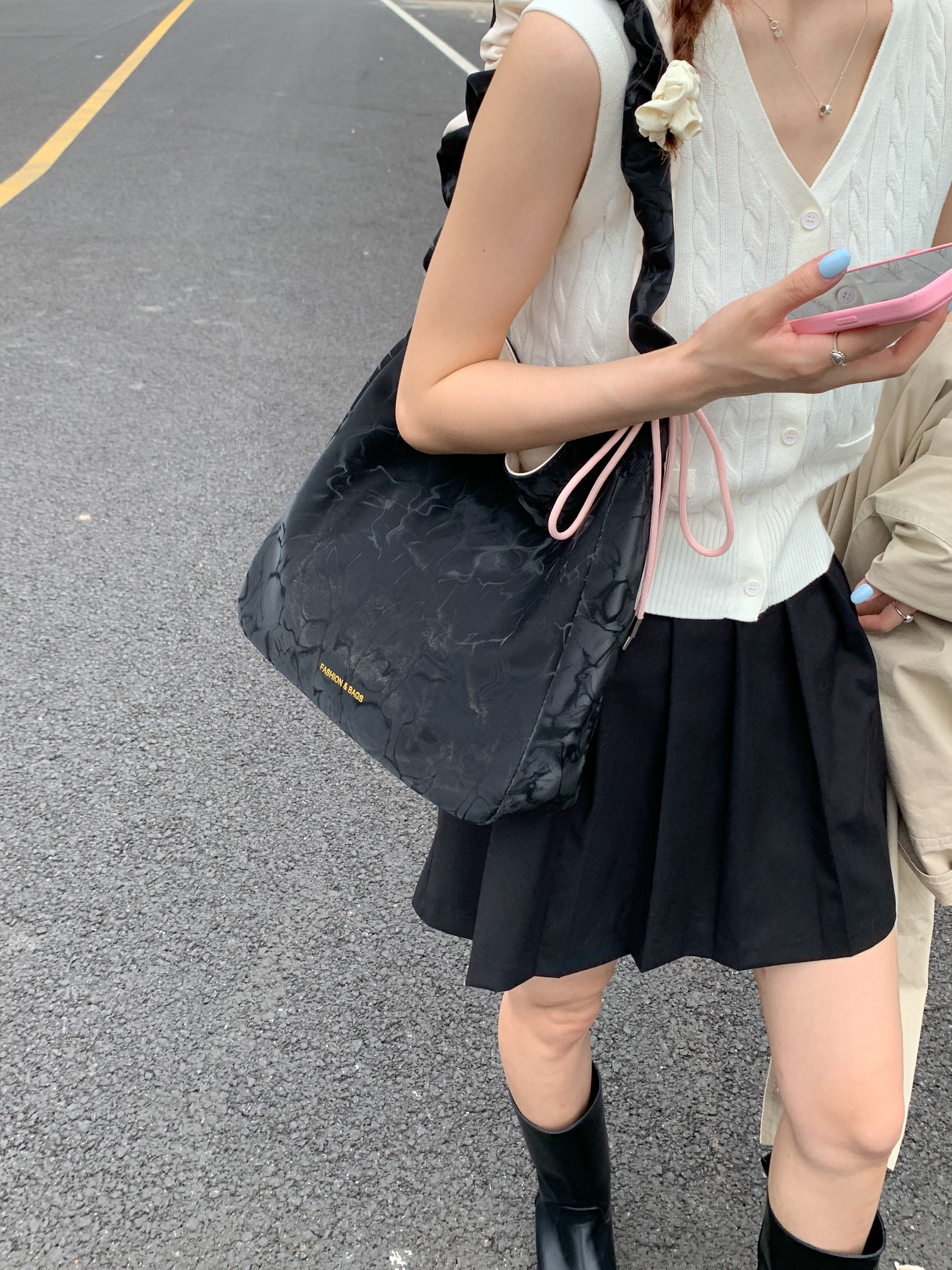 Black Shoulder Bag with Ruched Strap Accent