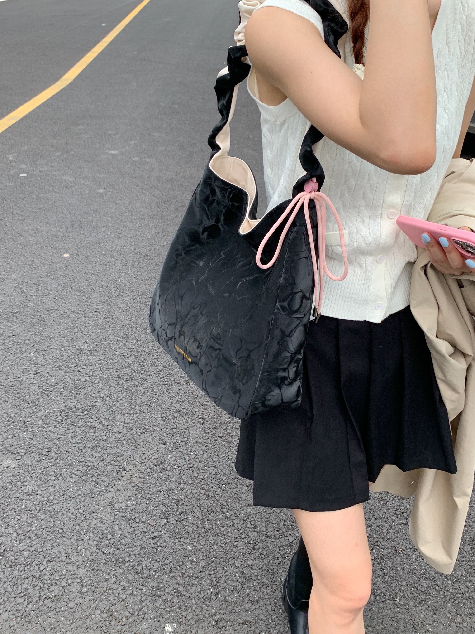 Black Shoulder Bag with Ruched Strap Accent