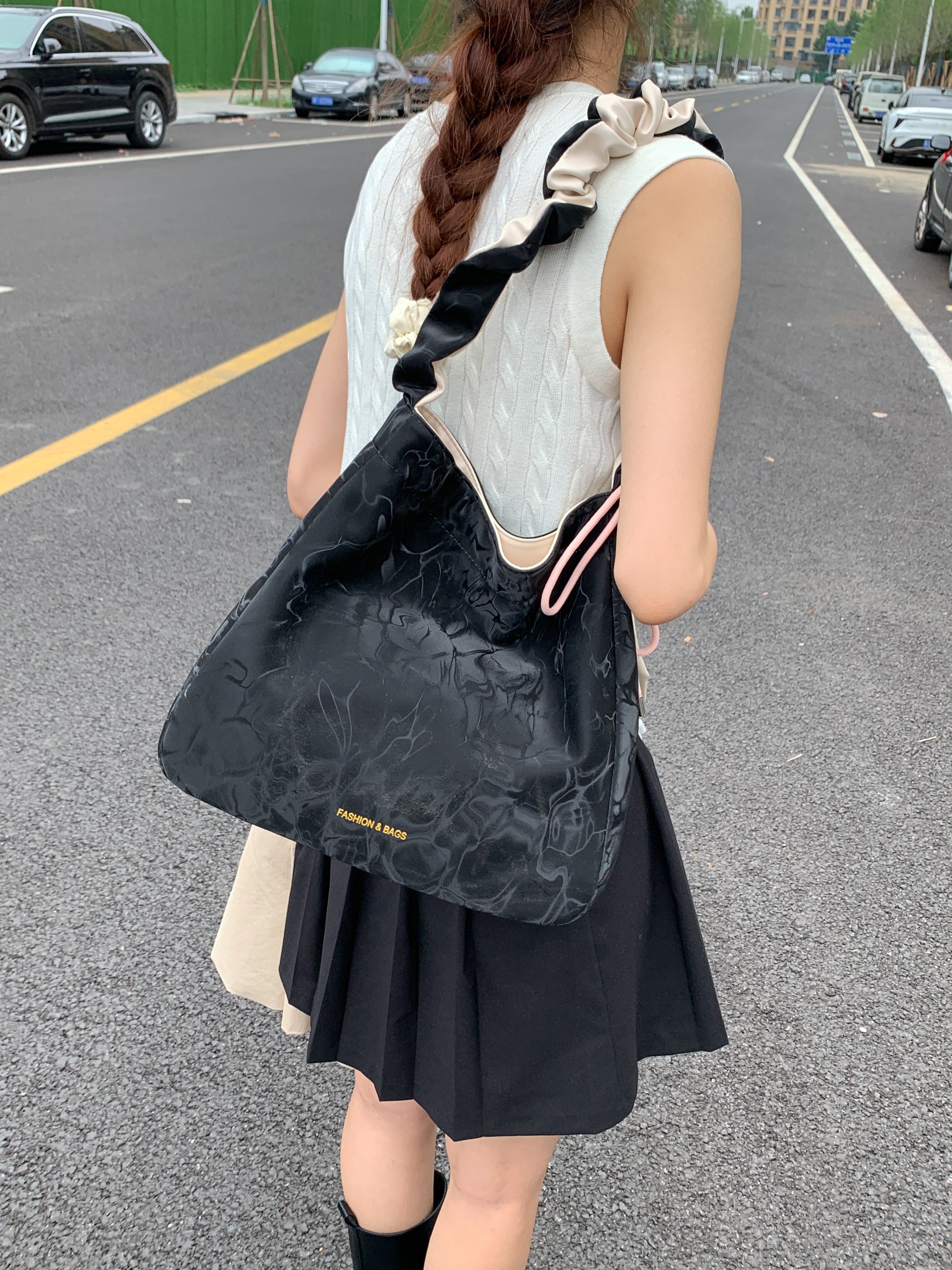 Black Shoulder Bag with Ruched Strap Accent