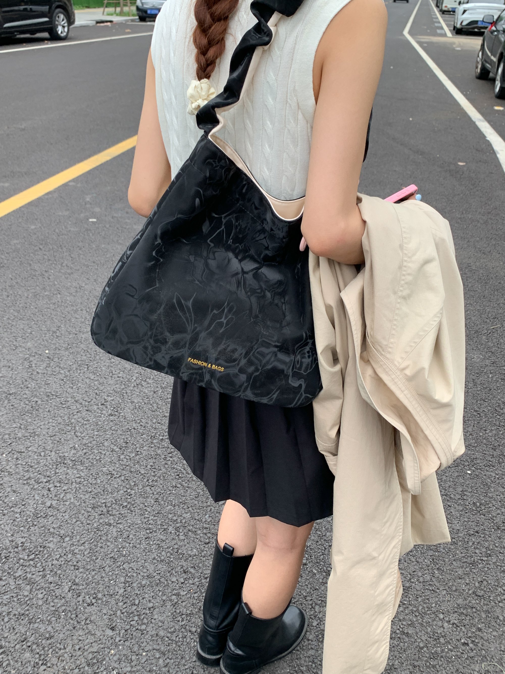 Black Shoulder Bag with Ruched Strap Accent