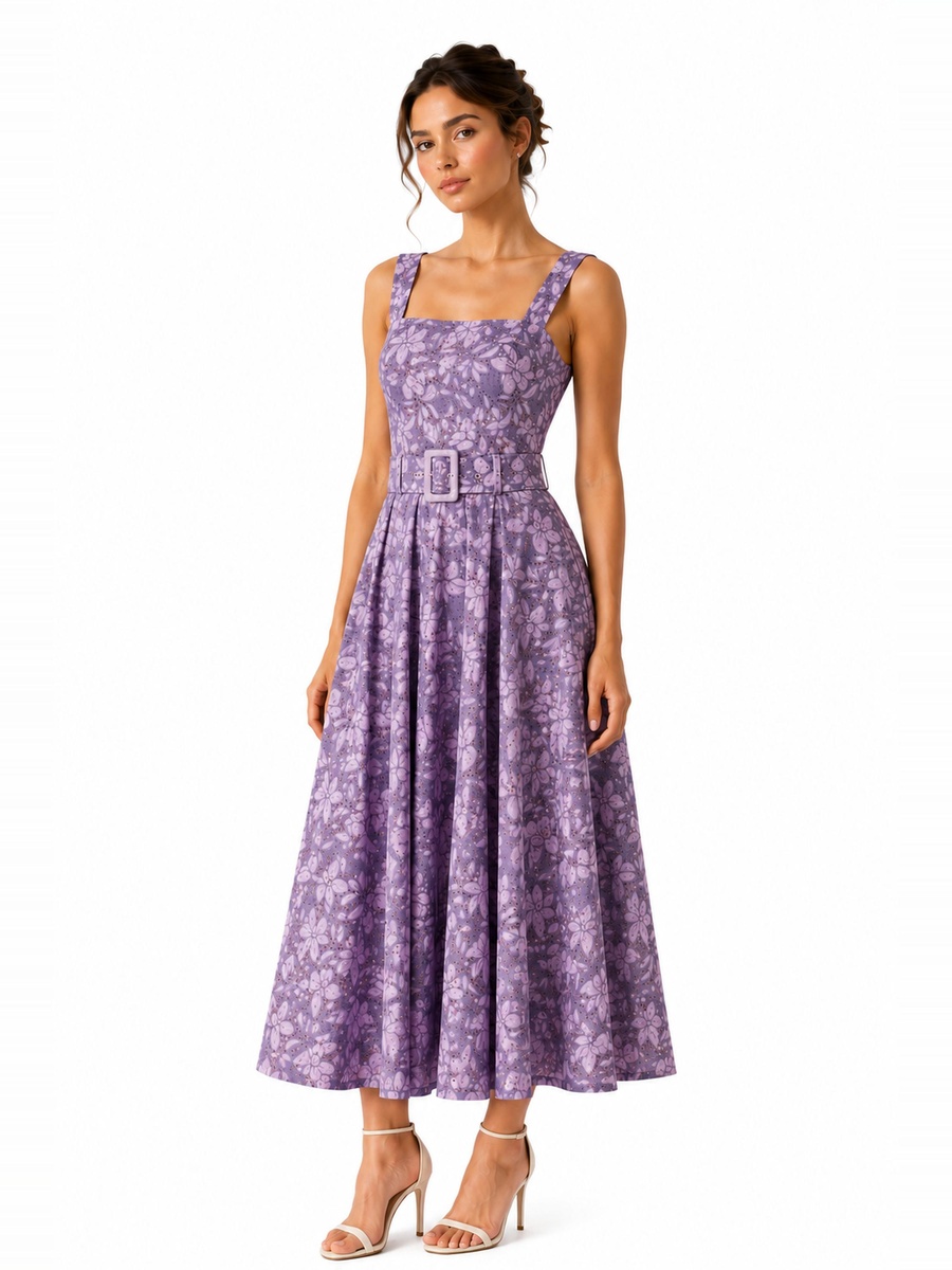 Lilac Floral Print Maxi Dress with Waist Belt
