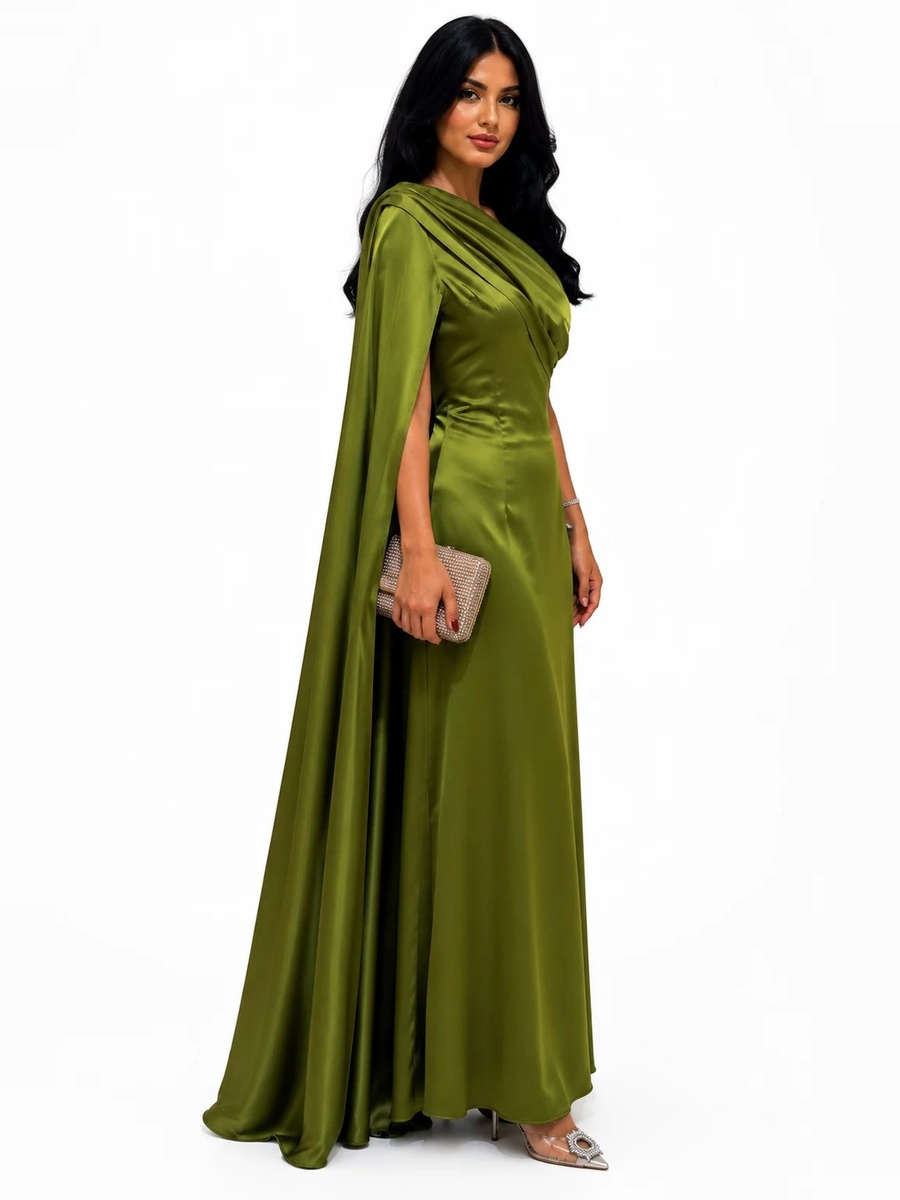 Olive Green Ladure One-Shoulder Maxi Dress with Cape