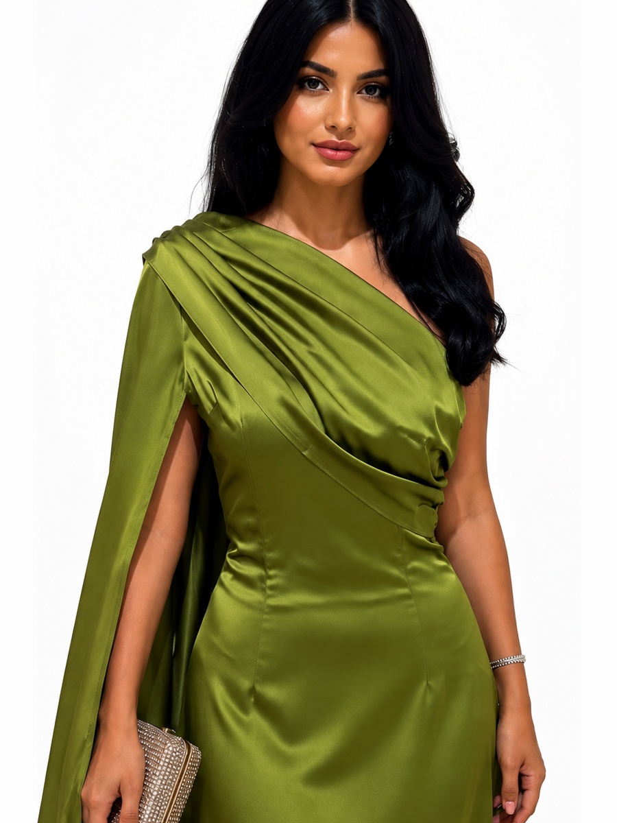 Olive Green Ladure One-Shoulder Maxi Dress with Cape