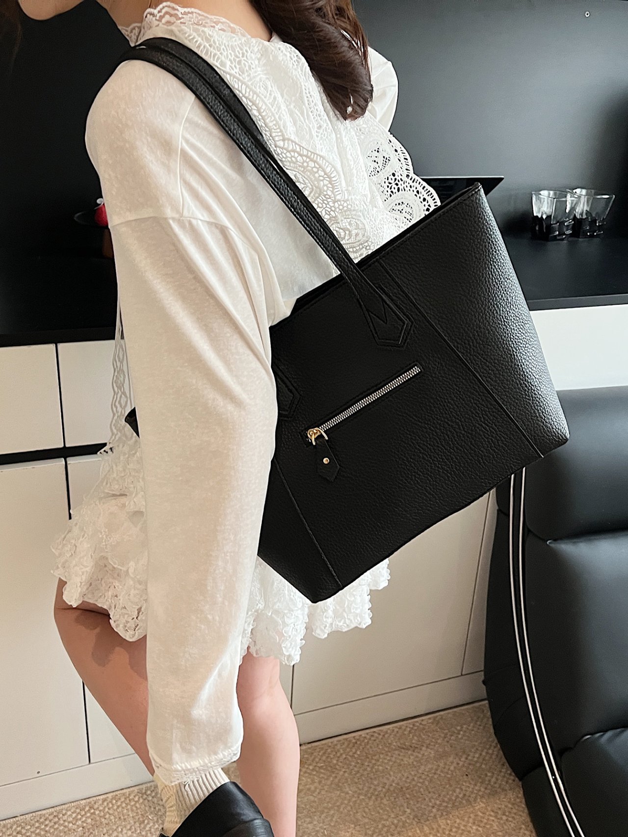 Black Grained Faux Leather Shoulder Bag