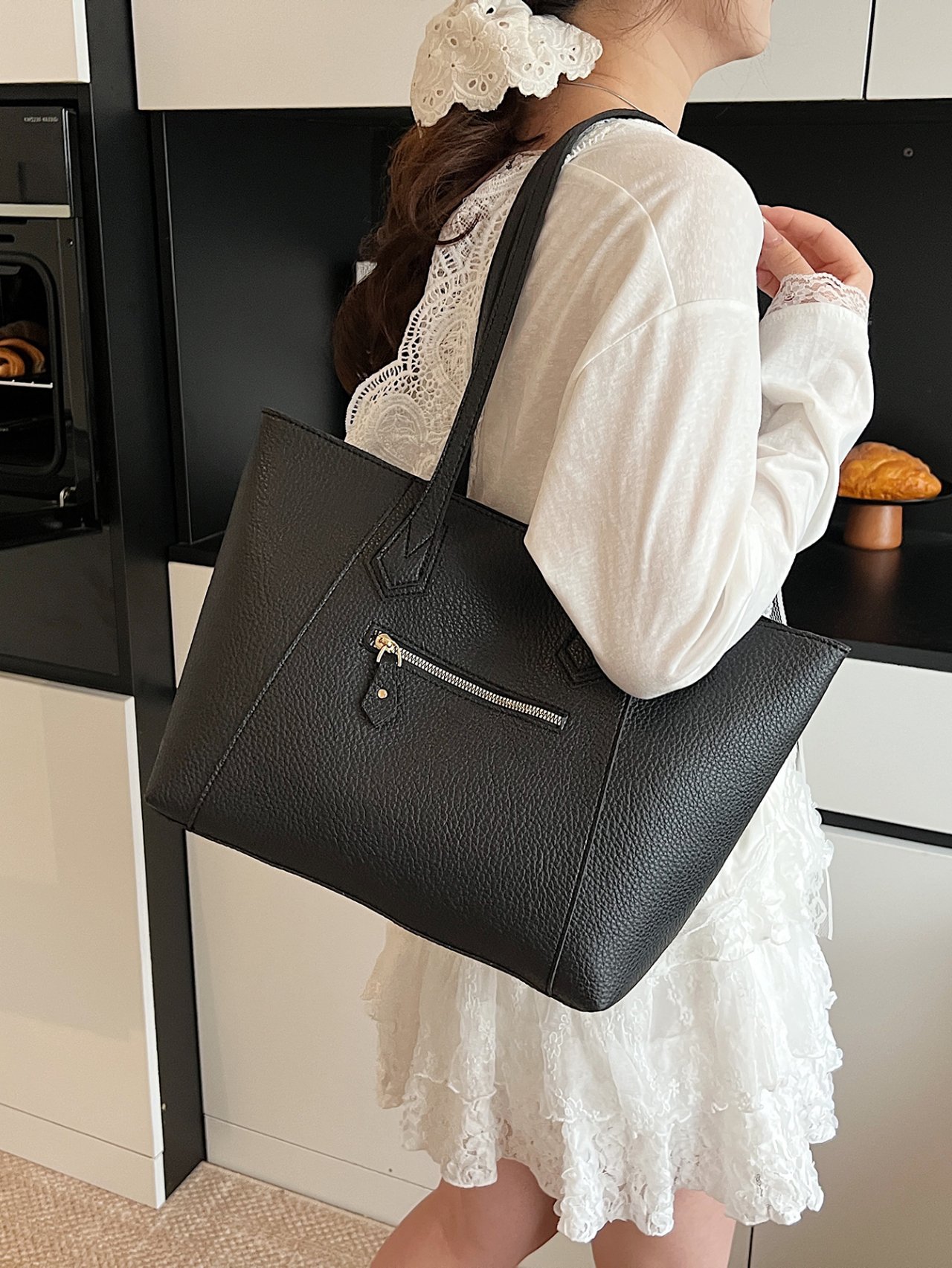 Black Grained Faux Leather Shoulder Bag