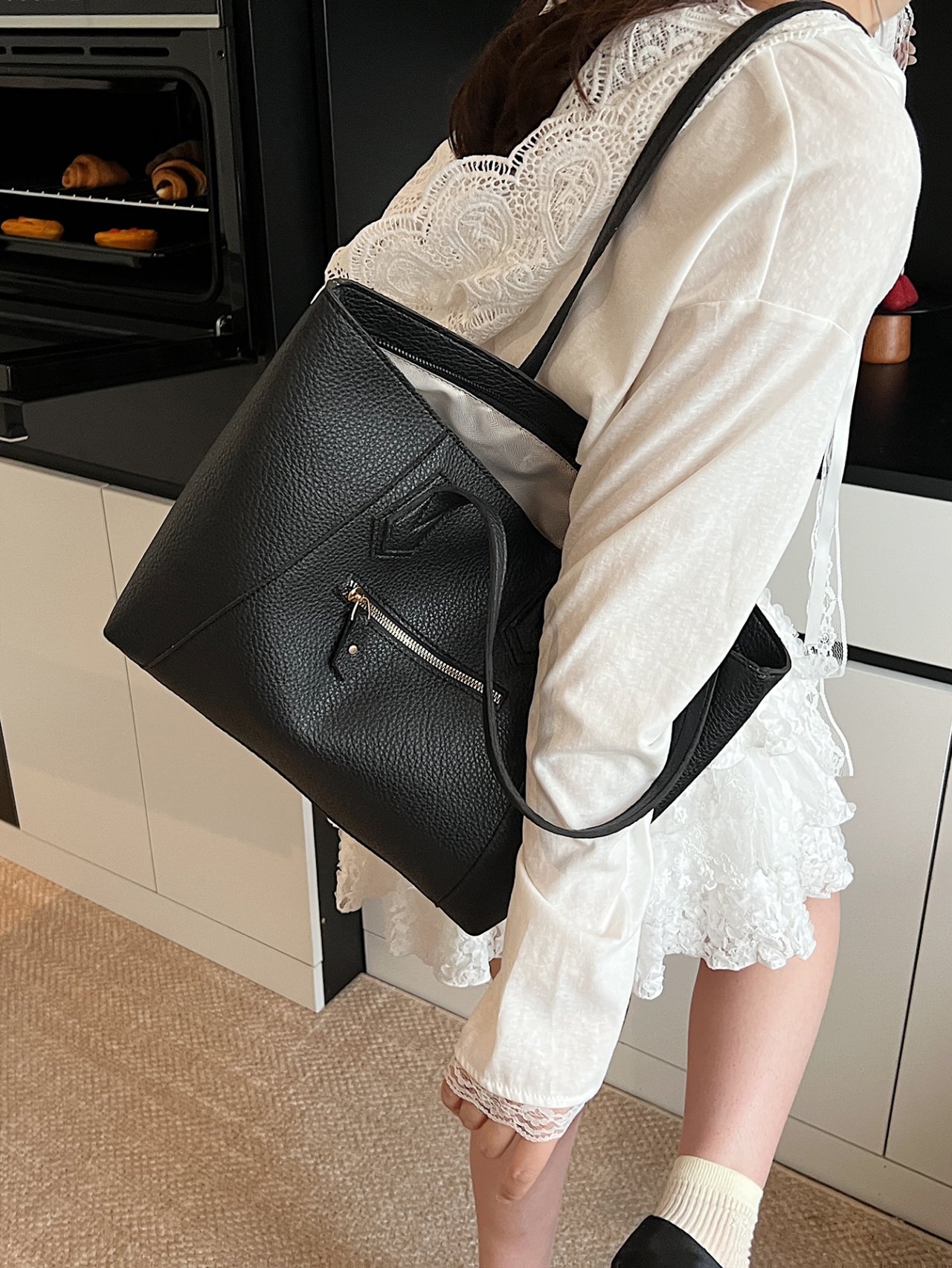 Black Grained Faux Leather Shoulder Bag