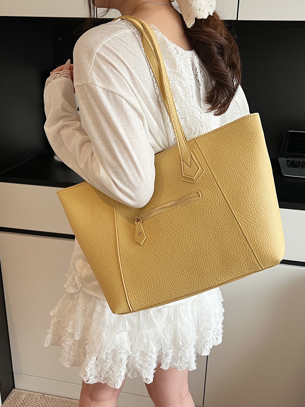 Yellow Grained Faux Leather Shoulder Tote Bag