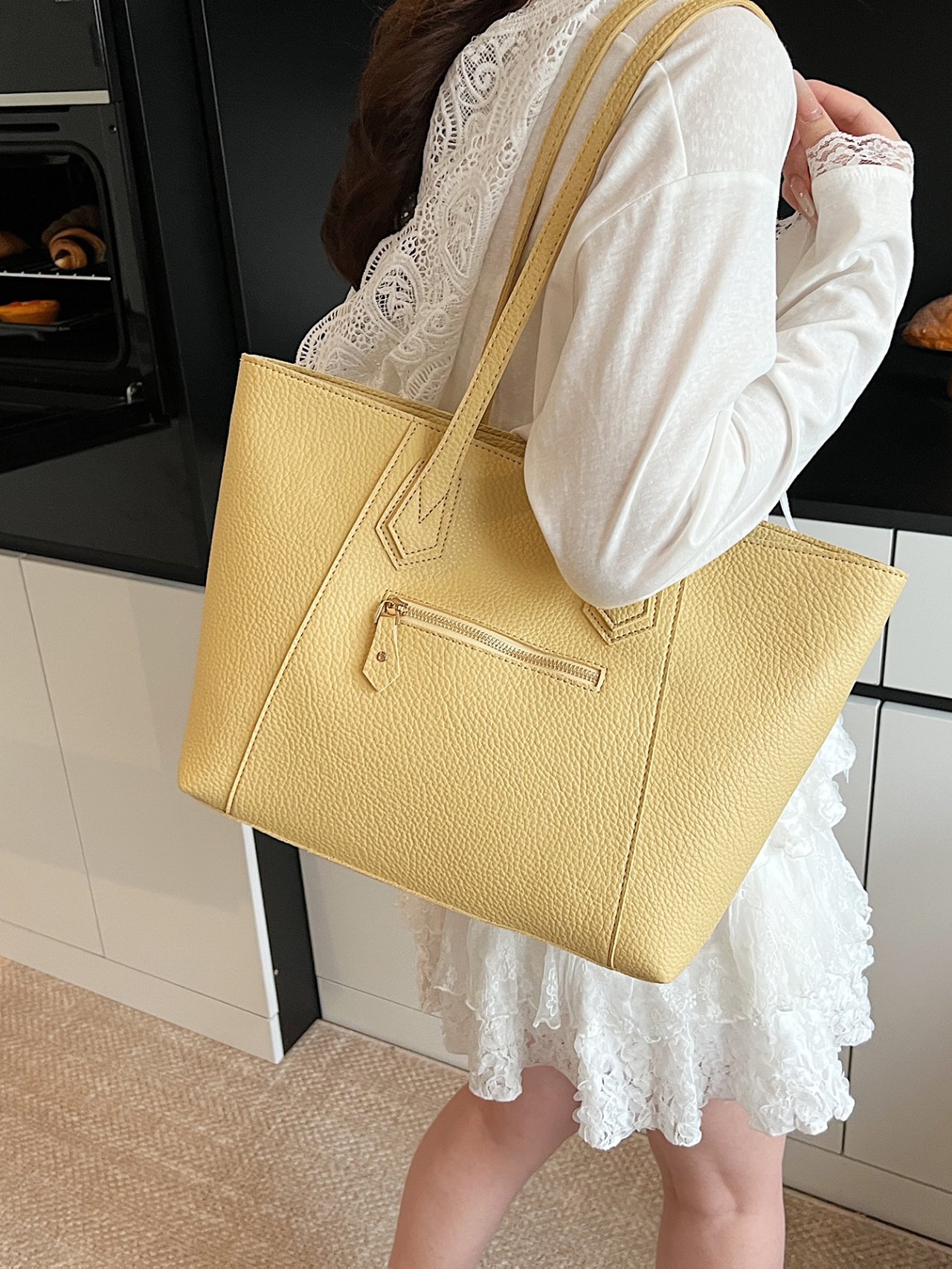 Yellow Grained Faux Leather Shoulder Tote Bag