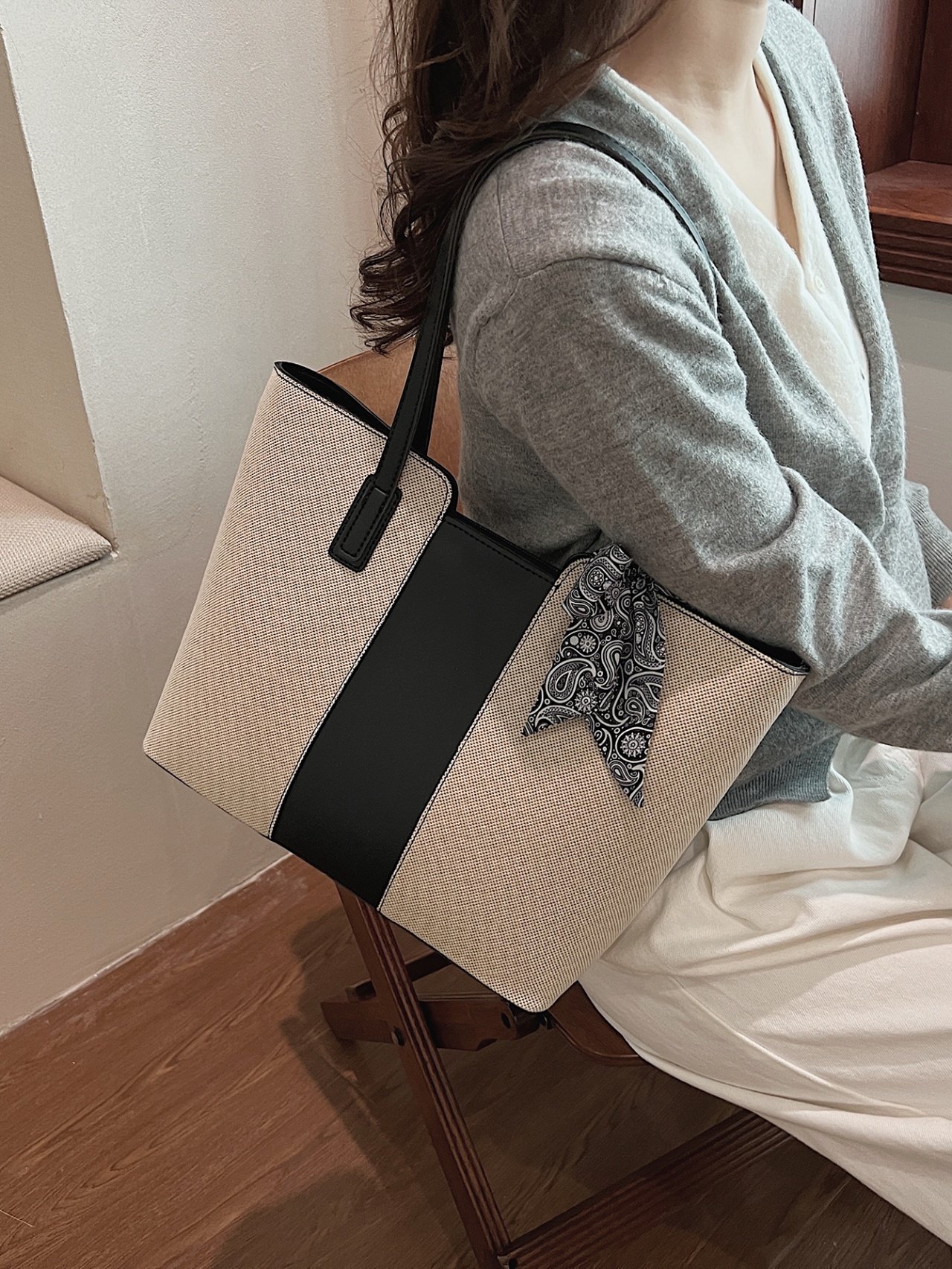 Multi-Color Canvas Shoulder Bag with Scarf Accent