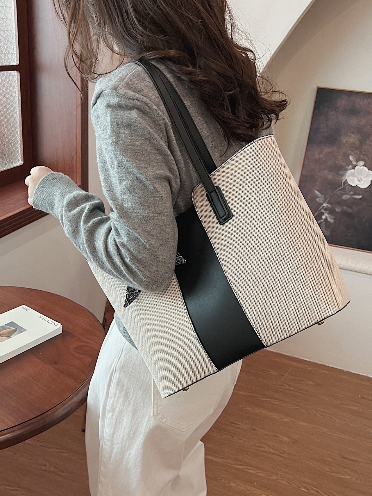 Multi-Color Canvas Shoulder Bag with Scarf Accent