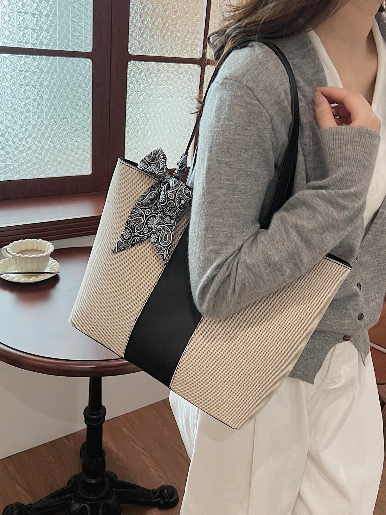 Multi-Color Canvas Shoulder Bag with Scarf Accent