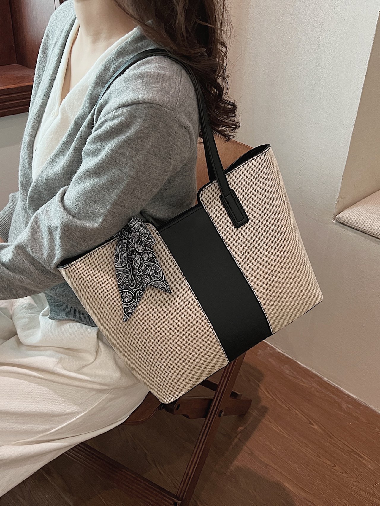 Multi-Color Canvas Shoulder Bag with Scarf Accent