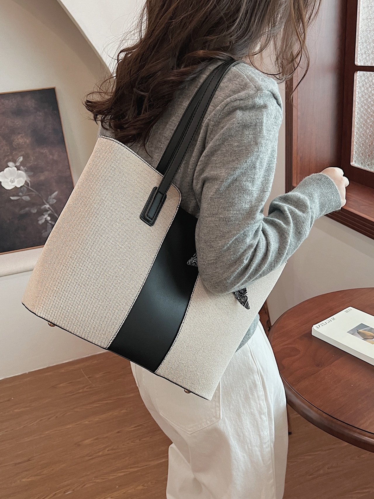 Multi-Color Canvas Shoulder Bag with Scarf Accent