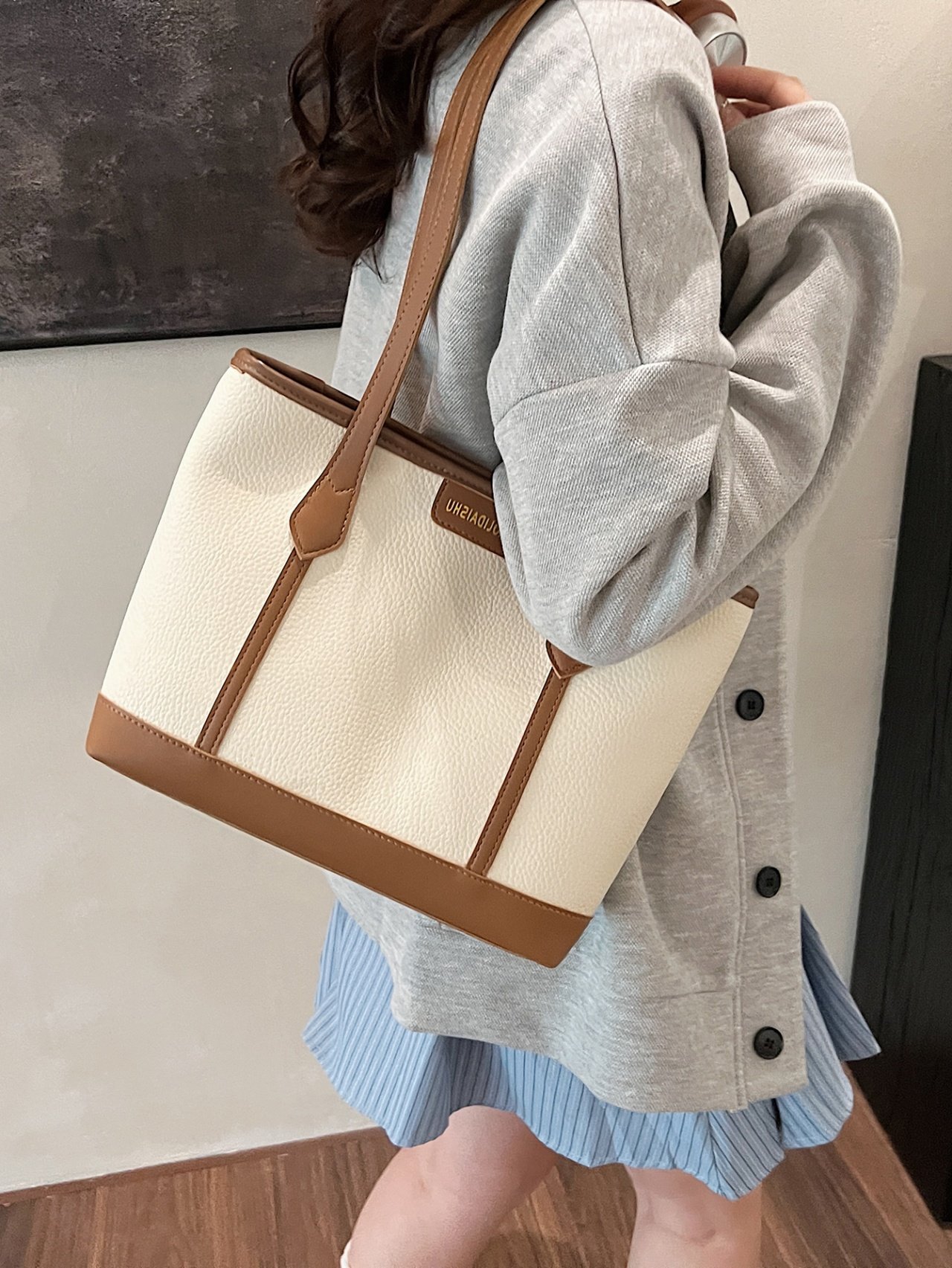 White Grained Faux Leather Shoulder Bag with Brown Trims