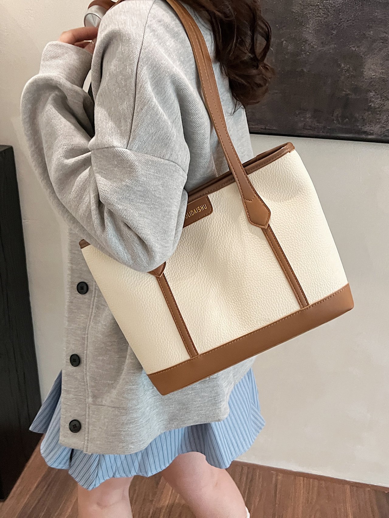 White Grained Faux Leather Shoulder Bag with Brown Trims
