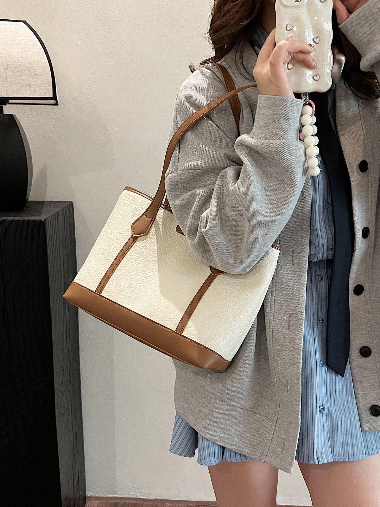 White Grained Faux Leather Shoulder Bag with Brown Trims