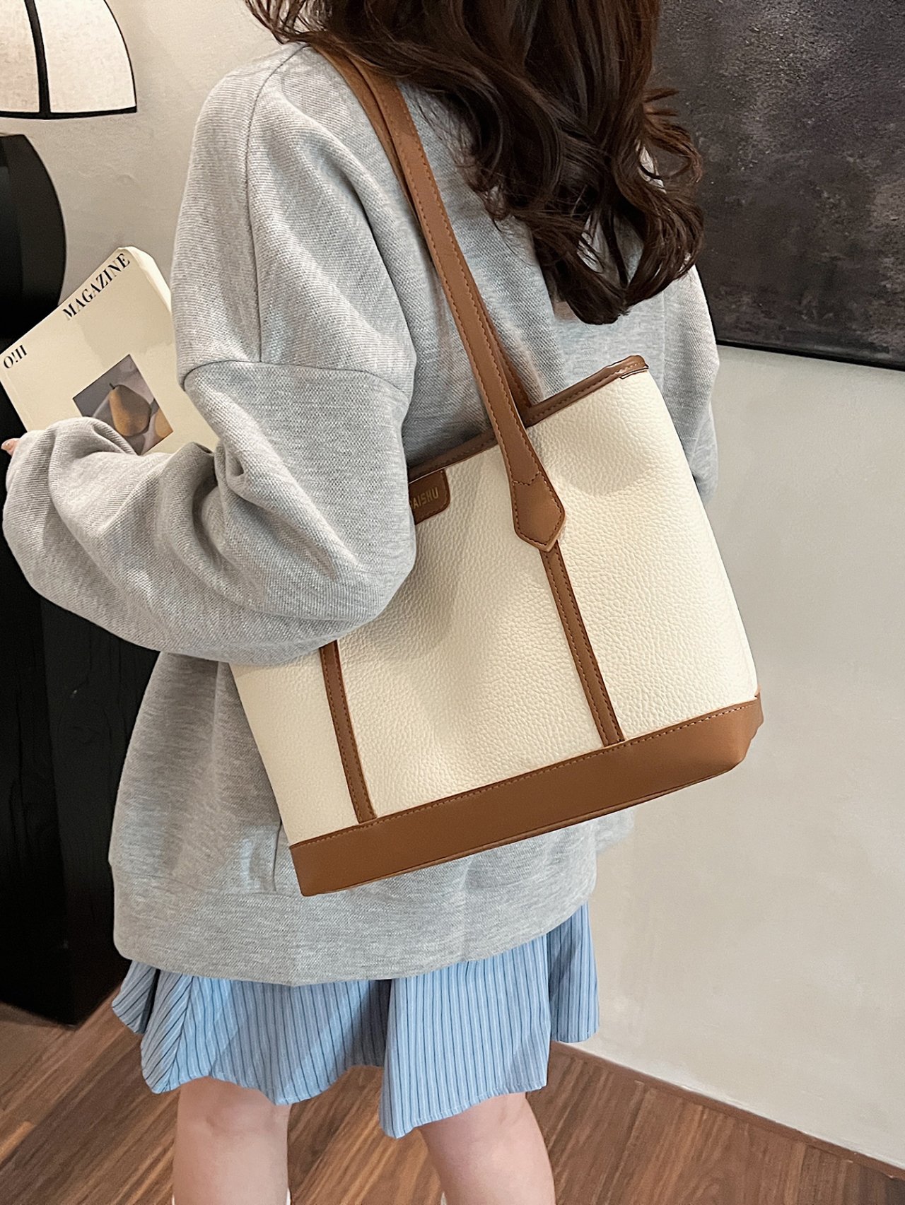 White Grained Faux Leather Shoulder Bag with Brown Trims